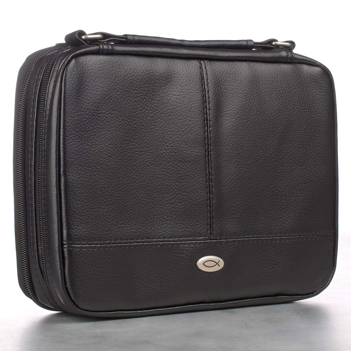 Christian Faux Leather Bible Cover with Jesus Fish Emblem - Zippered Organizer for Travel & Church