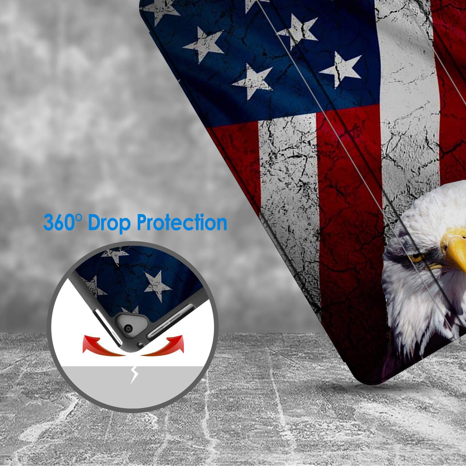 Premium PU Leather iPad 9.7 Case (2018/2017/Air 2) with Bald Eagle American Flag Design - Slim Soft TPU Back & Pencil Holder - Auto Wake/Sleep Cover for iPad 5th/6th Generation - Perfect for Work, School & Travel Protection