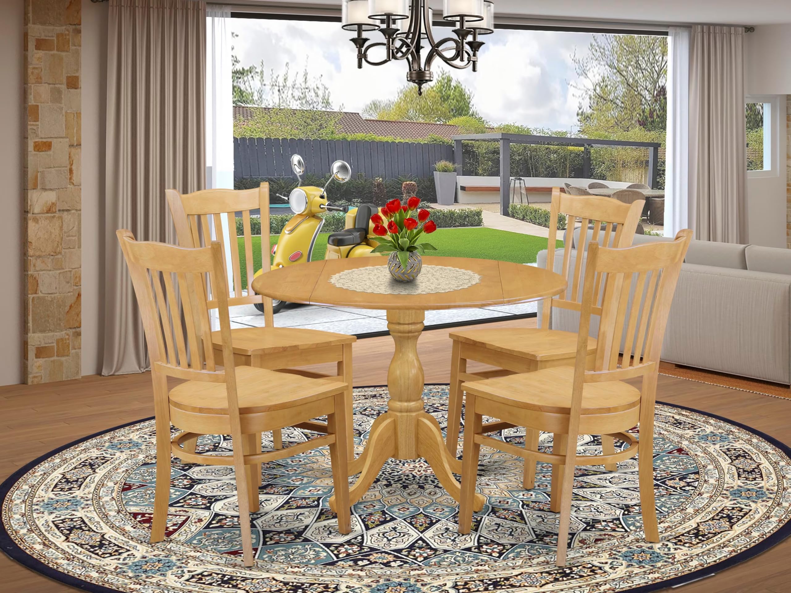 Modern 5-Piece Dining Table Set with Round Oak Table & 4 Chairs - Drop Leaf Design 42x42 Inch - Perfect for Small Spaces & Family Meals - East West Furniture DMGR5-OAK-W