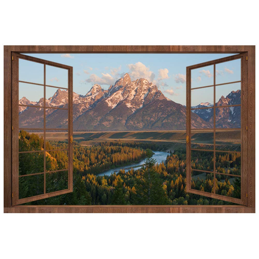 DNVEN 3D Fake Wood Window Decal - Mountain Lake Scenery Wall Sticker, High Definition Faux Window Frame Mural (28x20 inches) for Bedroom, Living Room & Playroom - Perfect for Home Decor, Office & Nursery Wall Art