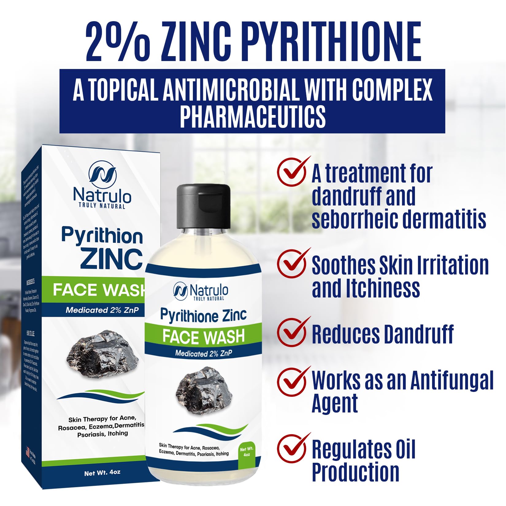 2% Pyrithione Zinc Face Wash & Body Cleanser for Acne, Rosacea, Eczema - Dermatitis & Psoriasis Relief - Soothing Zinc Therapy Soap for Itchy Skin - Made in USA | Daily Facial Cleanser & Body Wash for Sensitive Skin Care Routine