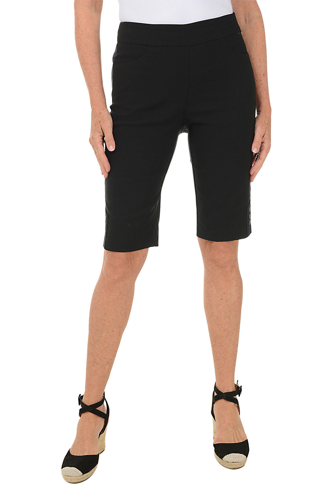 Women's Petite Triple Grommet Hem Bermuda Shorts - Casual Summer Denim Shorts for Beach, Travel & Everyday Wear