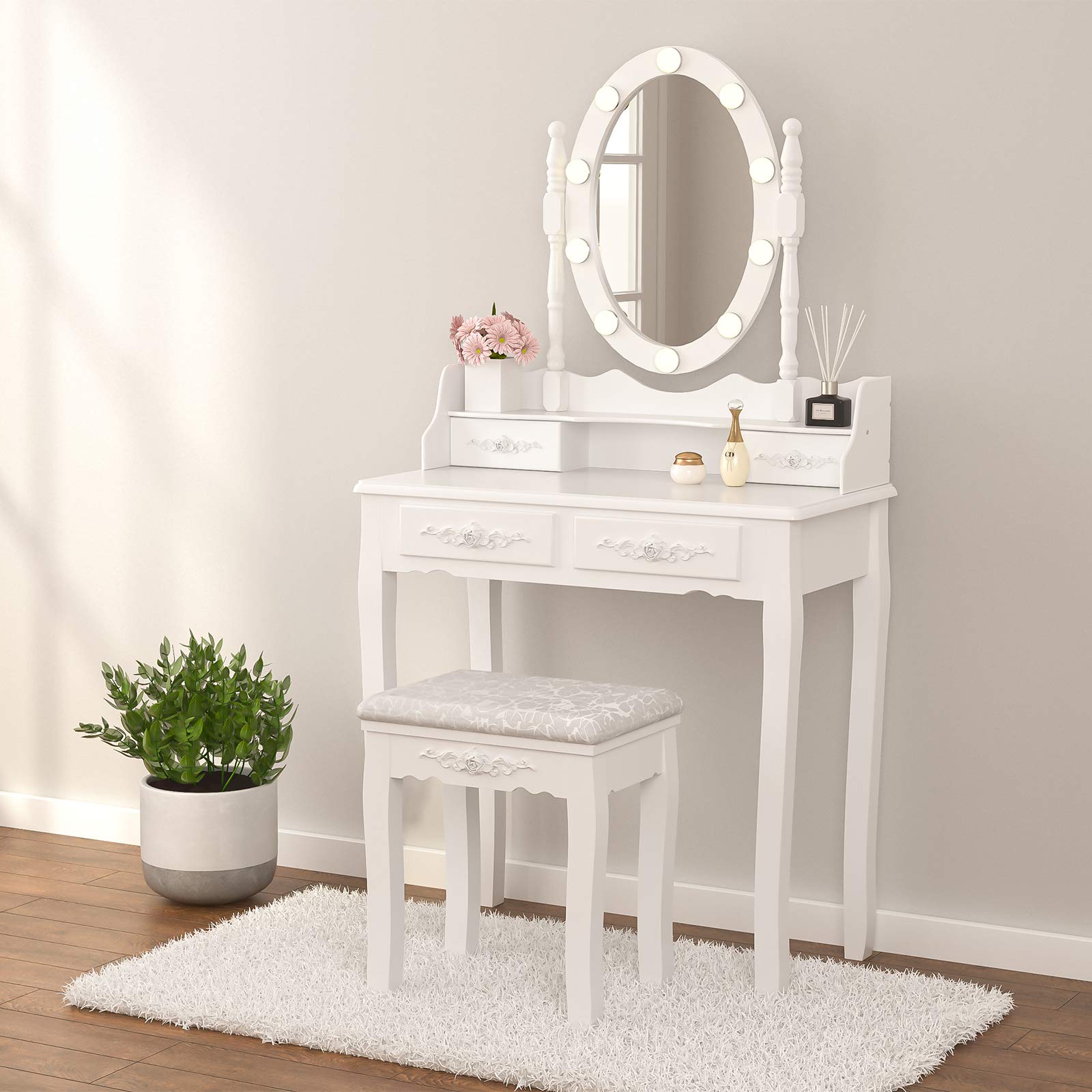 White Makeup Vanity Table with 10 LED Lights & Oval Mirror - Wooden Dressing Table with 4 Drawers & Stool - Perfect for Girls & Women's Bedroom Furniture (White) - Ideal for Makeup Application, Skincare Routine & Home Decor
