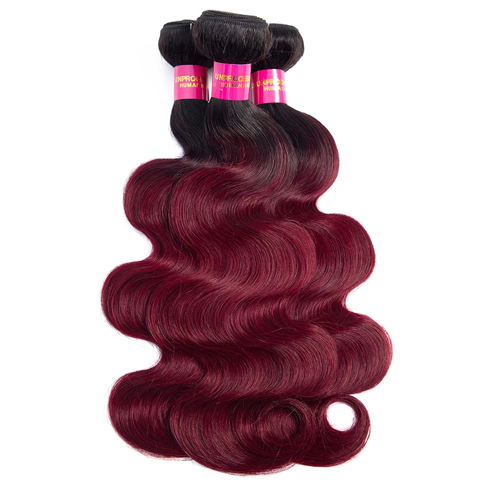 FEEL ME 1b99J 100% Brazilian Human Hair Bundles - 3Pcs Body Wave Ombre Weft Extensions (20 22 24 Inch) Black to Burgundy - Natural Soft & Tangle-Free Hair Extensions for Styling, Weaving & Salon Use