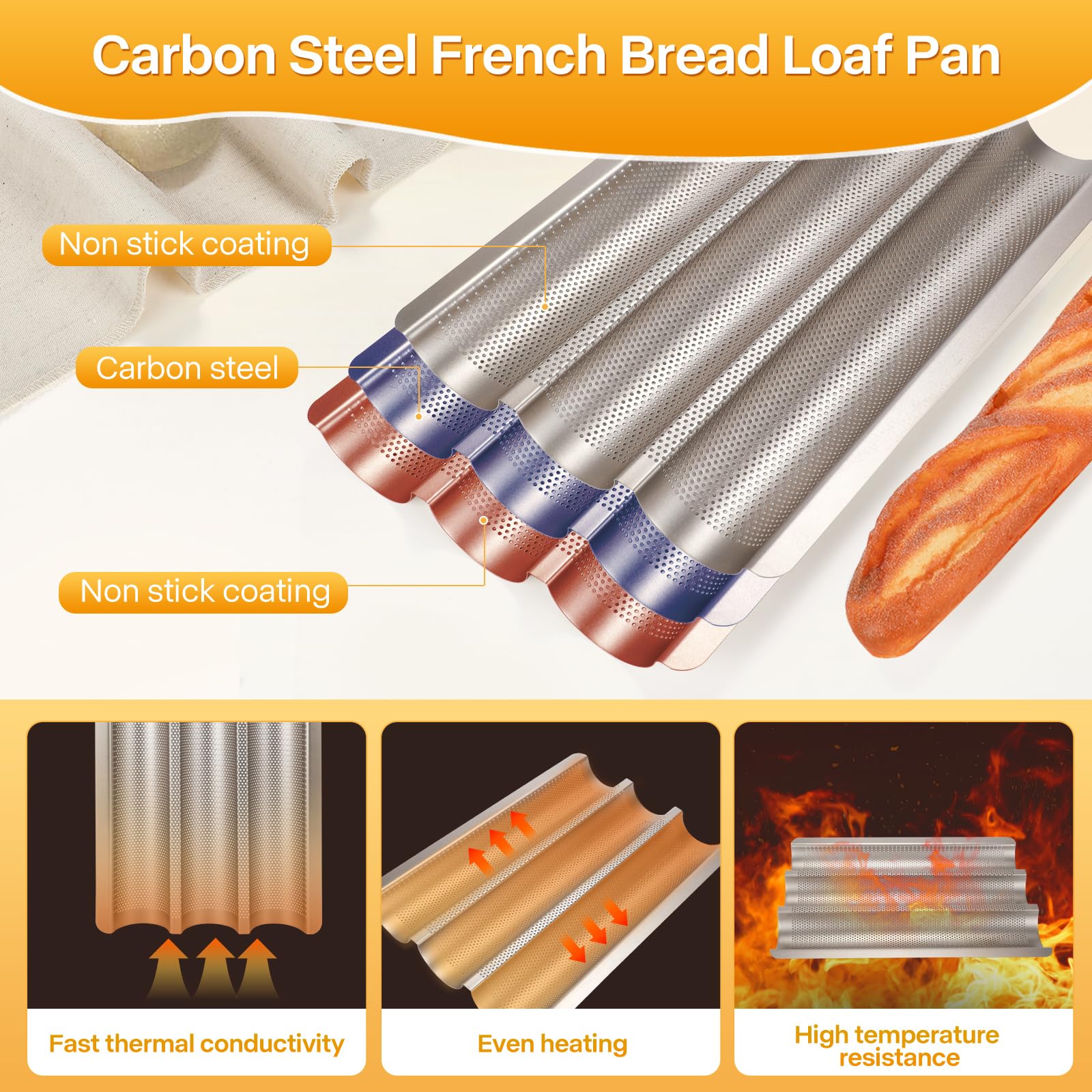 Nonstick Perforated Baguette Bread Pan - 3 Loaf French Bread Baking Tray with Proofing Cloth & Dough Cutter Kit - 15x11 Inch Gold for Home Bakers | Perfect for Artisan Bread, Homemade French Baguettes & Professional Baking