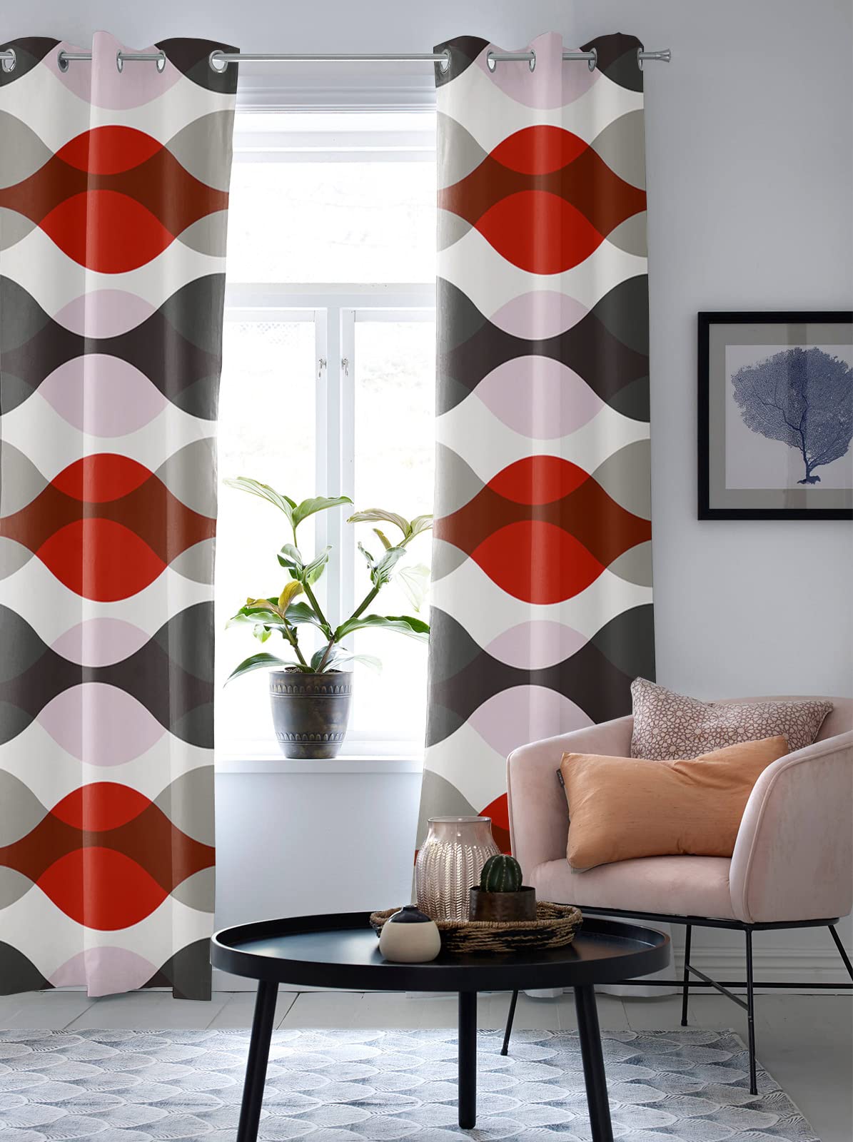 Modern Abstract Geometric Red Grey Ripple Window Curtains - 84 Inch Length, 2 Panels Grommet Kitchen & Cafe Curtains for Living Room, Bedroom, Laundry Room - Light Filtering Window Treatment for Home Decor & Privacy