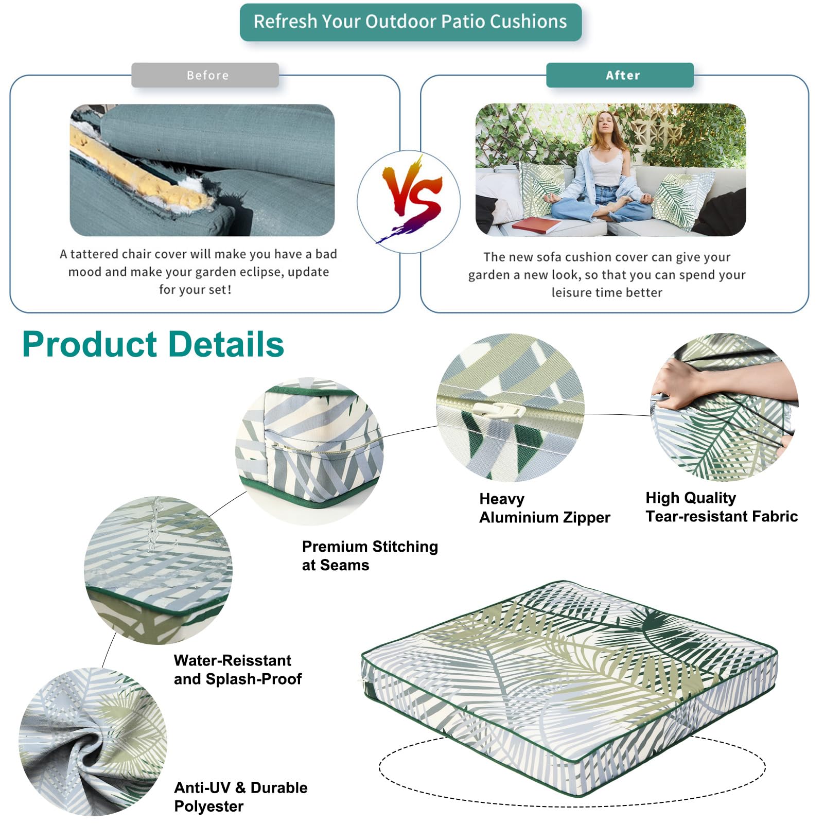 Waterproof Outdoor Patio Cushion Covers with Zipper - Replacement Slipcovers for Wicker Rattan Sectional Couch & Chair Set (12-Piece, Bamboo Leaf Pattern) - Perfect for Garden, Poolside, and Patio Furniture Protection