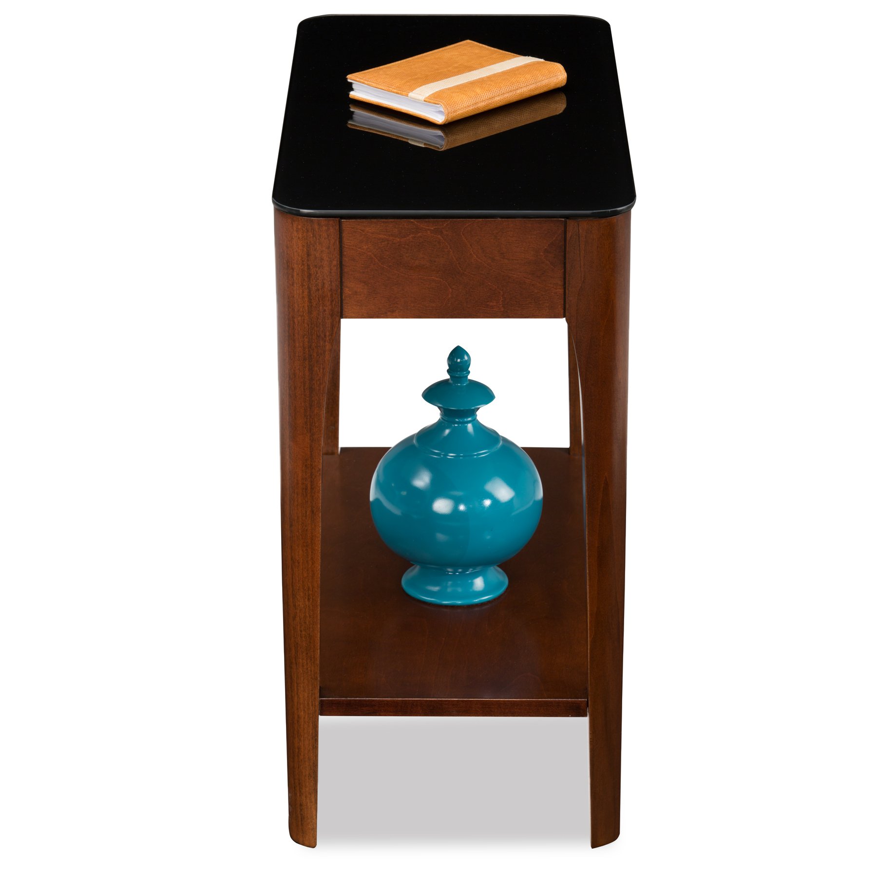 Leick Home 11105 Obsidian Glass Top Narrow Side Table with Shelf - Chestnut & Black Glass - Perfect for Living Room, Bedroom & Small Spaces