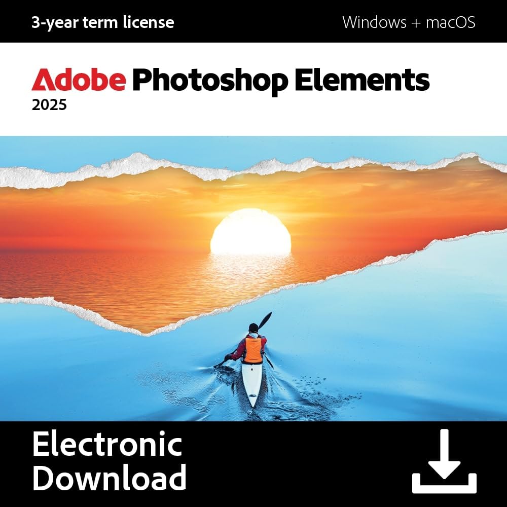 Adobe Photoshop Elements 2025 | Photo Editing Software for PC & Mac | Digital Download with 3-Year License | Perfect for Photographers, Bloggers & Content Creators | Professional Photo Enhancement & Creative Projects