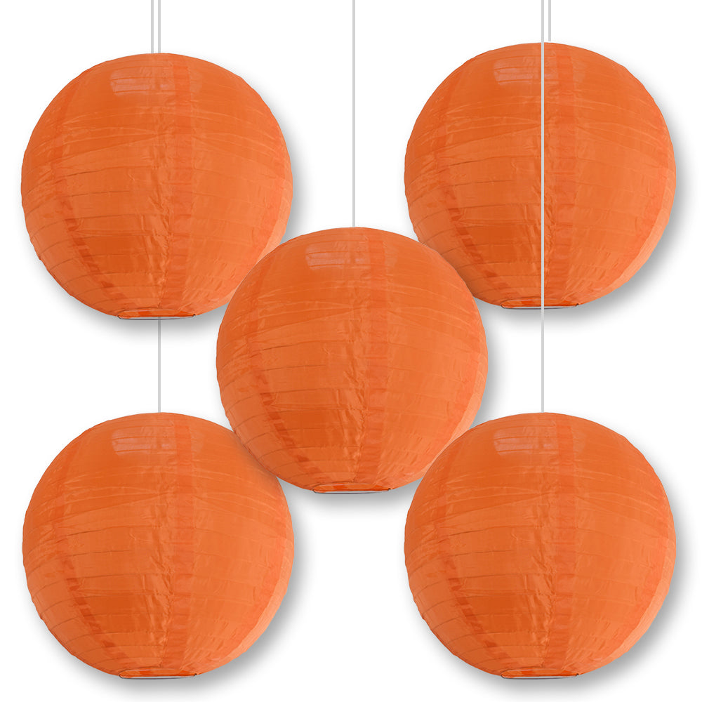 5 Pack 14 Inch Orange Shimmering Nylon Lanterns - Durable Parallel Ribbed Hanging Decorations for Parties, Weddings & Outdoor Events