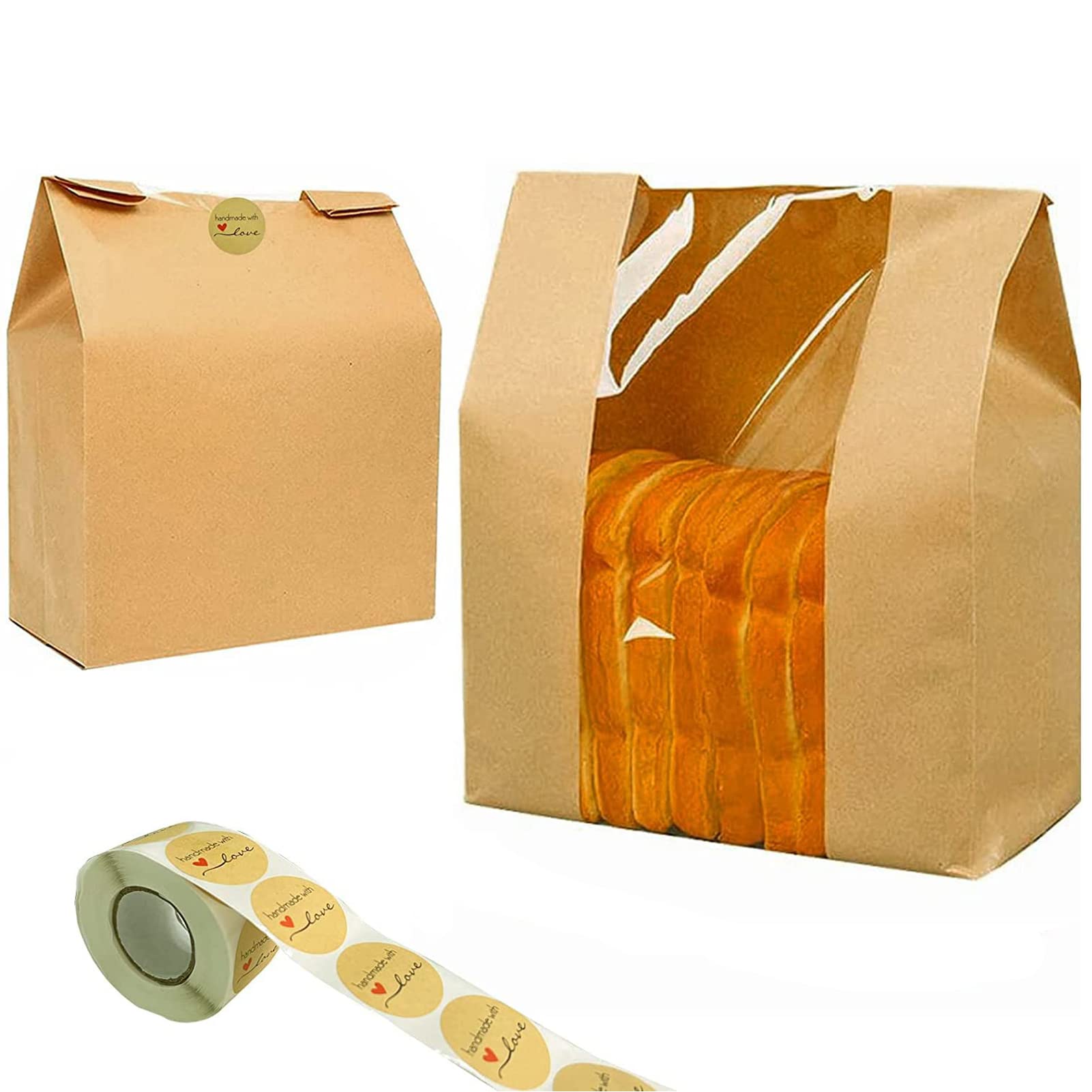 100 Pack Kraft Paper Bread Bags with Clear Window - 14