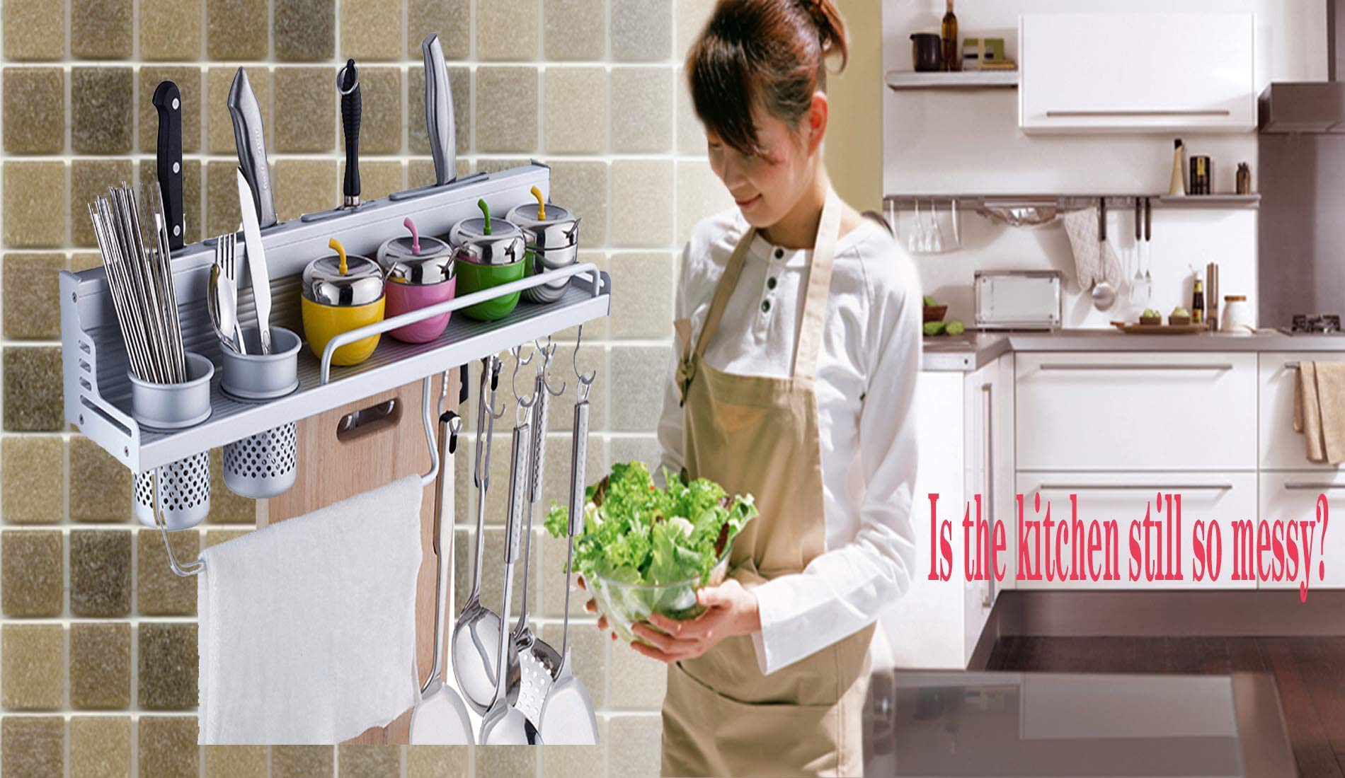Stainless Steel Wall Mounted Kitchen Utensil Holder - Multi-Functional Organizer for Knives, Spices, Towels & More with Hooks - Perfect for Small Kitchens, Apartments & RVs