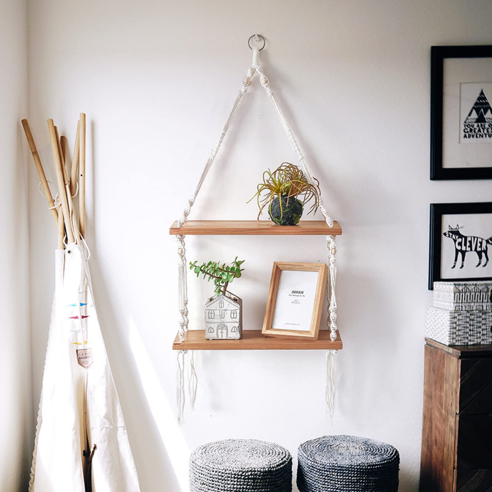 2 Tier Hanging Rope Shelves - Rustic Wooden Floating Wall Shelf for Plants, Flowers & Decor - Perfect for Living Room, Bedroom, Window & Terrace Display
