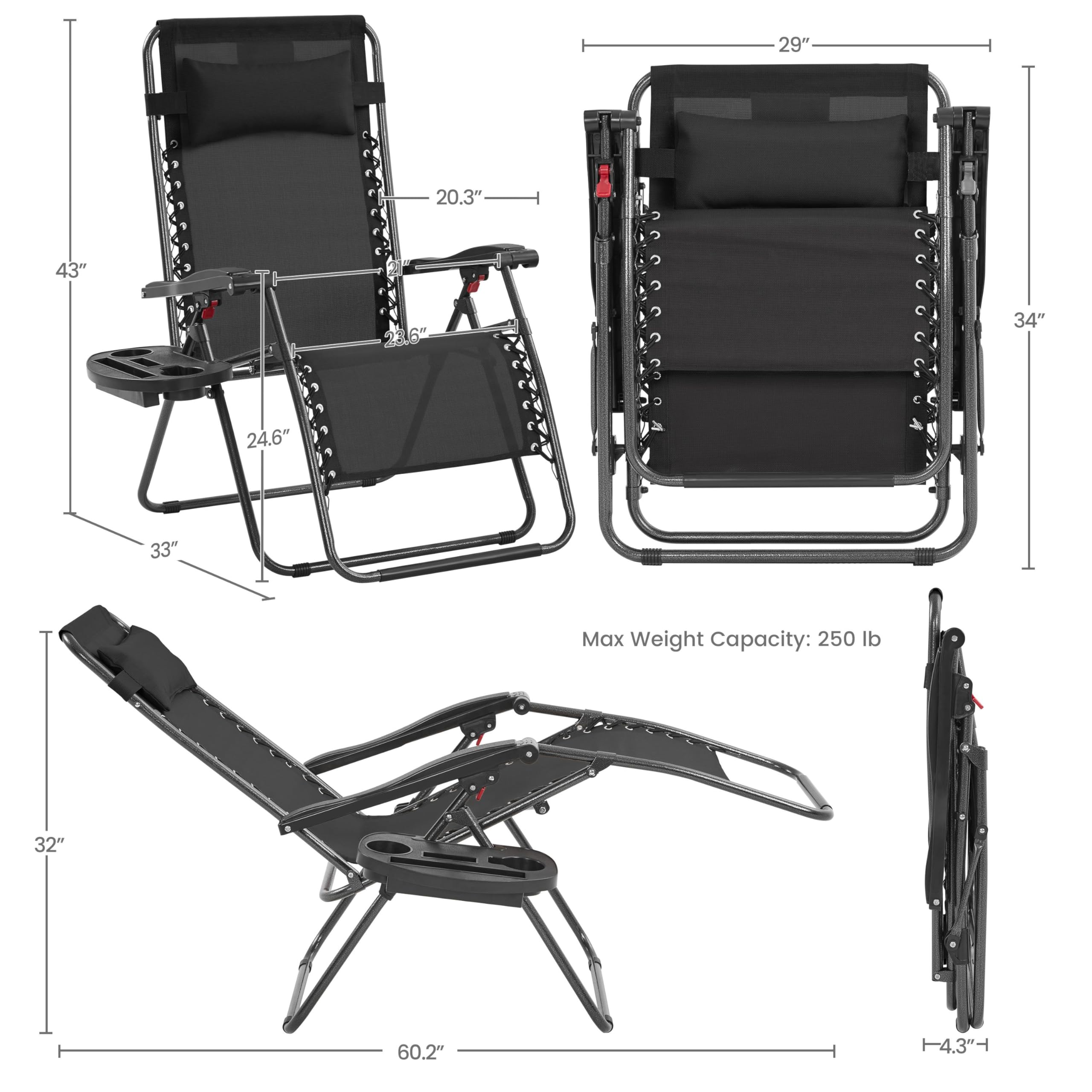 Yaheetech 29 Inch Zero Gravity Chair with Pillow, Cup Holder & Carry Strap - Adjustable Foldable Reclining Lounge Chair for Outdoor, Patio, Lawn, Poolside, Beach - Black (1 Pack) - Perfect for Relaxing, Sunbathing and Backyard Lounging