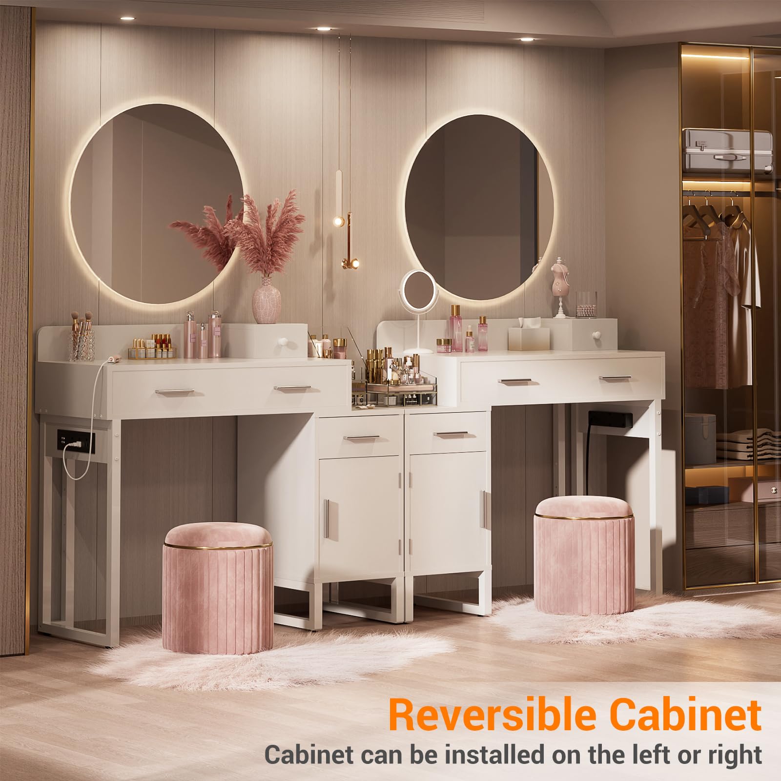 Modern White Vanity Desk with 4 Storage Drawers & Charging Station - Reversible Cabinet Dressing Table Set with Divided Organizers for Women & Girls - Perfect for Bedroom Makeup, Skincare Routine and Home Office Workspace