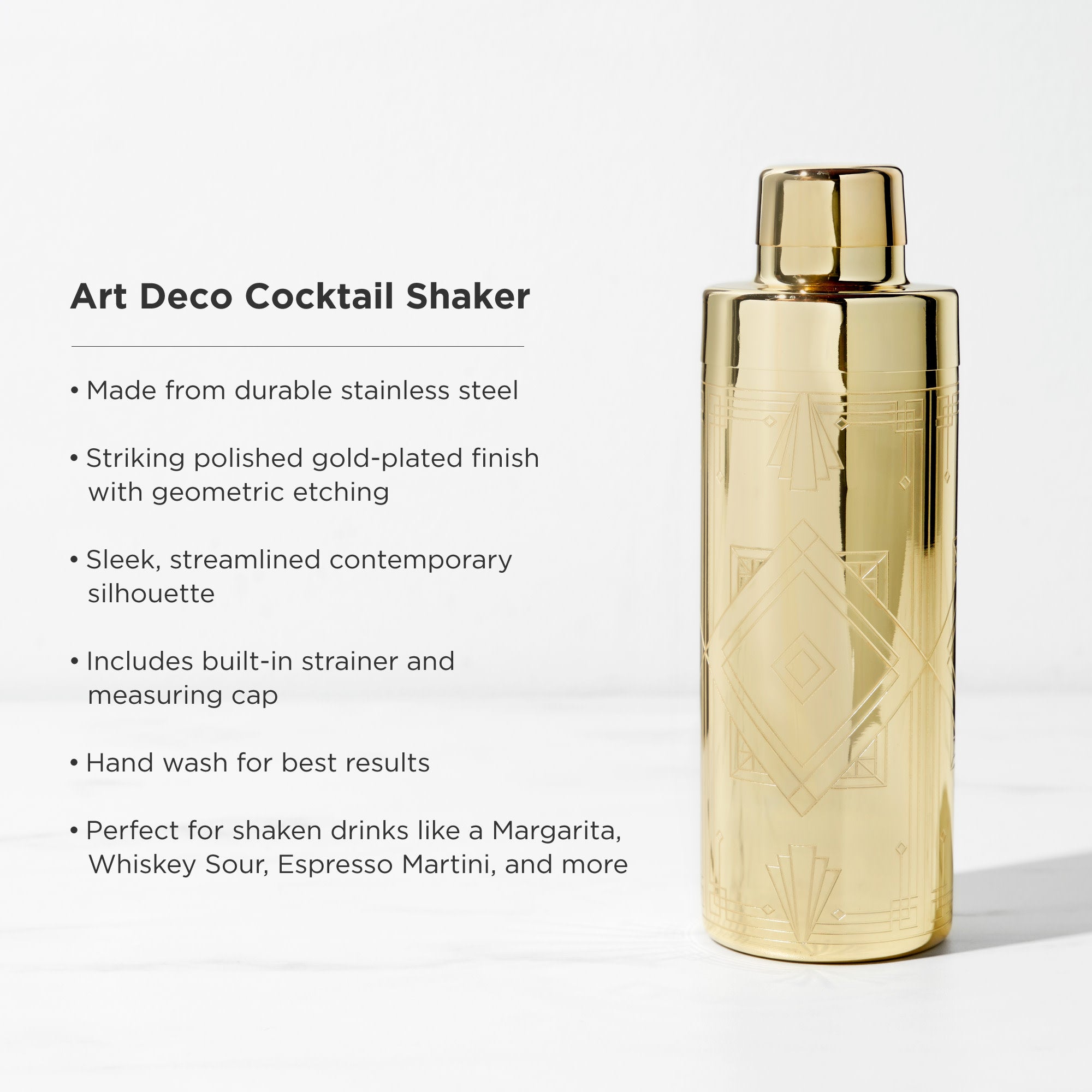 Vintage Art Deco Gold Cocktail Shaker Set - 24K Gold Plated Bar Mixing Tool for Martini, Margarita & Whiskey Sour - Perfect for Home Bars, Parties & Professional Bartenders