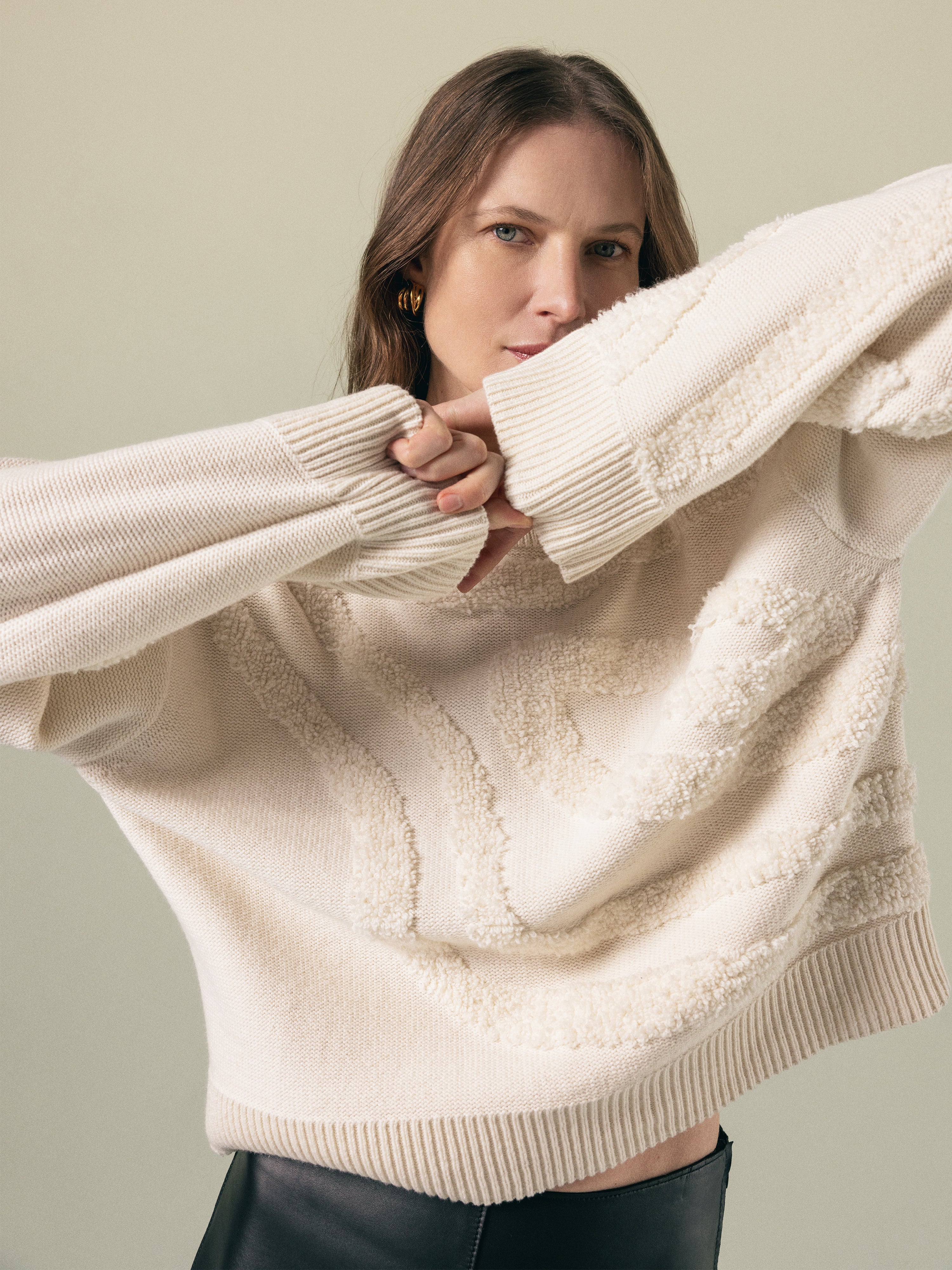 Loop Intarsia Jumper Sweater Women's Cream Knit Pullover - Cozy Winter Fashion for Casual Outings & Holiday Gatherings