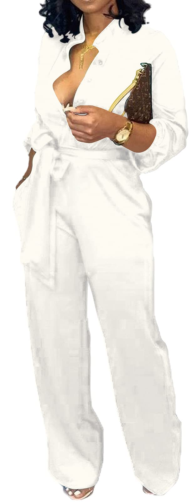 Elegant Women's V-Neck Long Sleeve Jumpsuit with Wide Leg Pants, Belt & Pockets - Sexy Casual Work Outfit for Office, Date Night & Special Occasions