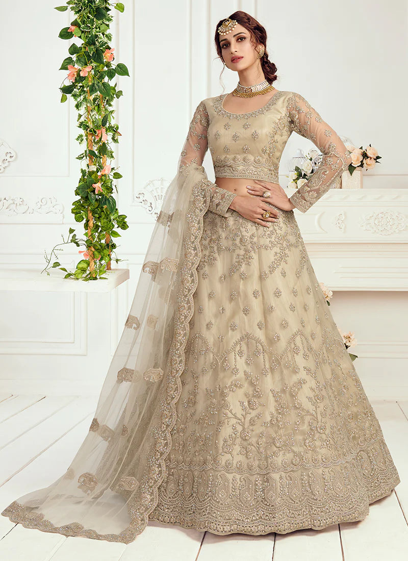 Exquisite Golden Embroidered Net Lehenga Choli for Bridal Wear | Designer Indian Wedding Dress (D90) | Perfect for Sangeet, Mehendi & Reception Ceremonies
