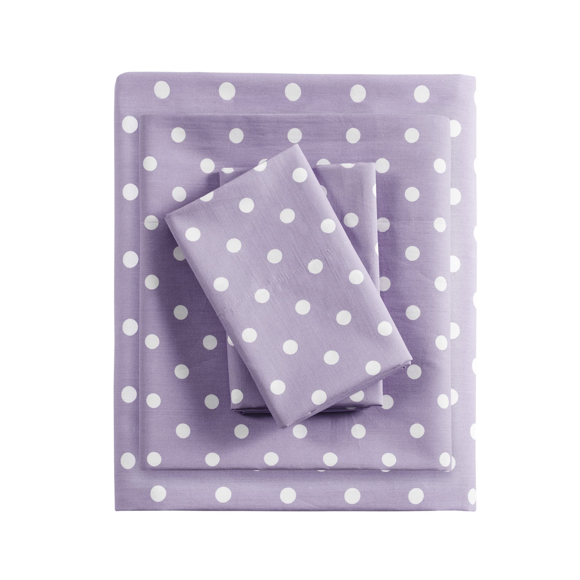 Mi Zone Purple Twin Size Sheet Set - 100% Cotton Percale Soft Polka Dot Bedding for Girls & Kids (Flat Sheet, Fitted Sheet, Pillowcase) | Breathable All-Season Bed Sheets Fits 14
