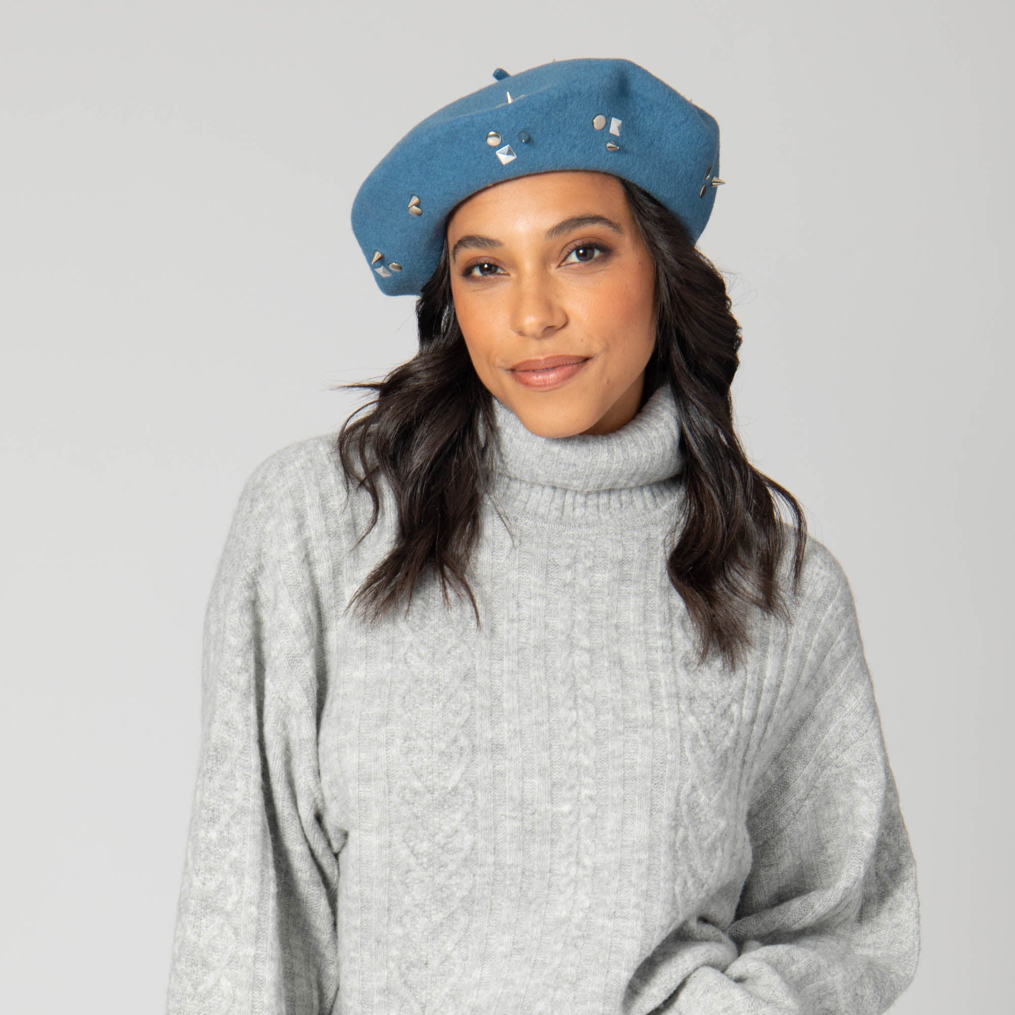 Wool Blend Beret with Metallic Stud Clusters - Stylish Winter Hat for Women | Perfect for Casual Outfits & Evening Events