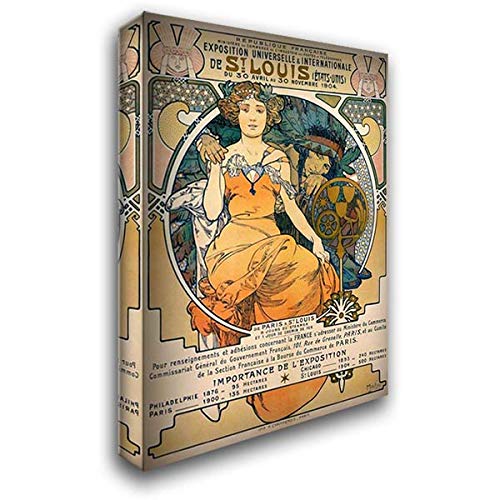 Alphonse Mucha 1904 St. Louis World's Fair Poster - 28x39 Inch Large Gallery Wrapped Canvas Art Print - Vintage Art Nouveau Decor for Living Room, Office & Wall Decor