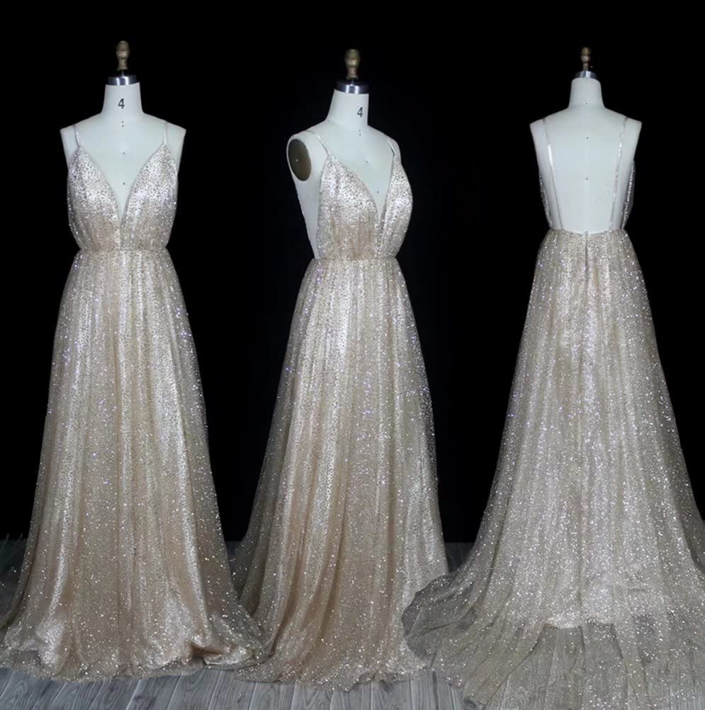 Sparkling Deep V-Neck Prom Dresses for Women - Elegant Backless Long Tulle Formal Evening Gown for Homecoming, Wedding, Ball & Special Occasions