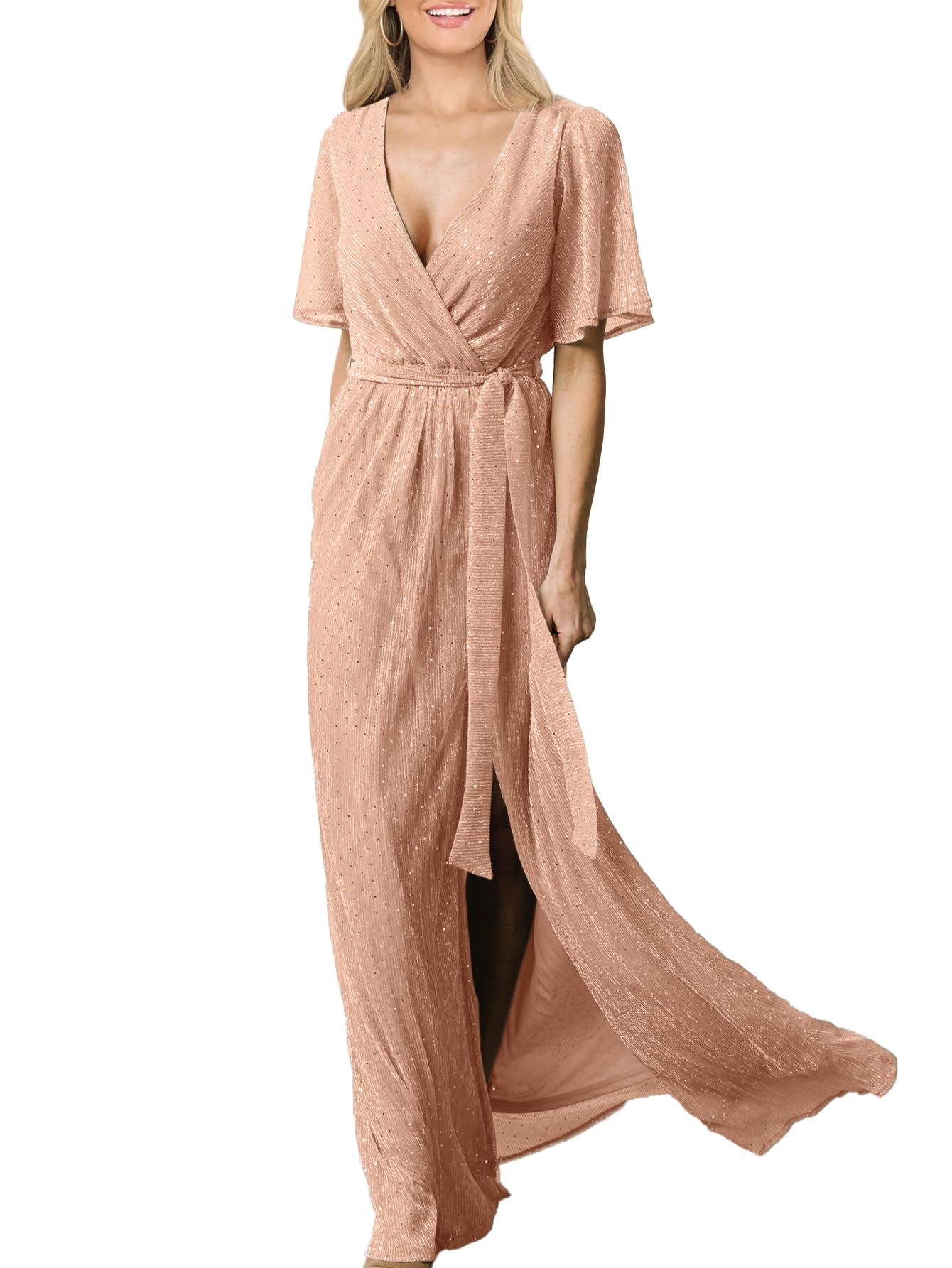 Elegant Women's Fall Wedding Guest Maxi Dress - Boho Flowy V-Neck Short Sleeve Semi-Formal Sparkly Bridesmaid Dress for Parties, Receptions & Special Occasions