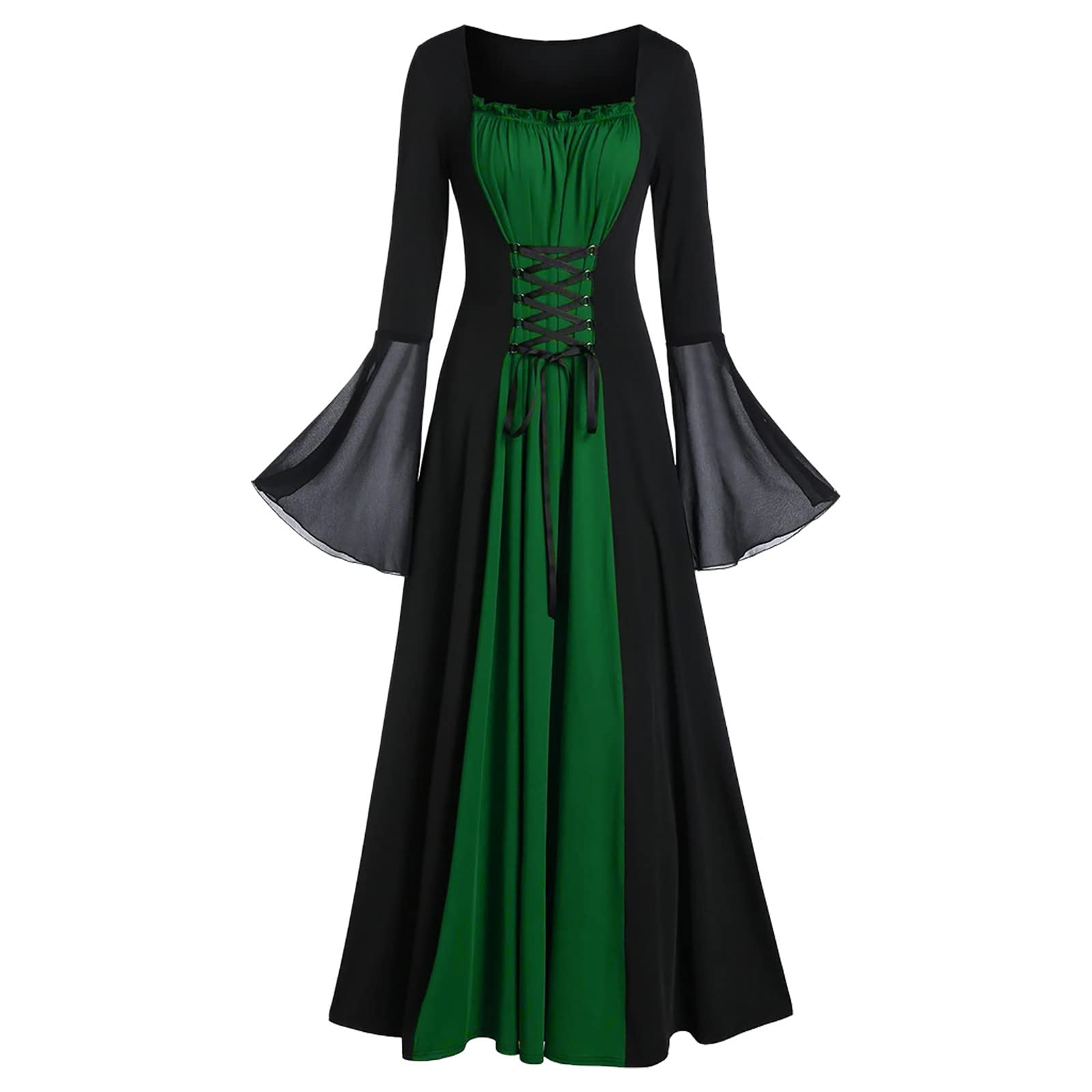 Halloween Long Dress for Women - Gothic Mesh Bell Sleeve Maxi Dress with Square Neck | Retro Dark Elegant Costume for Halloween Parties, Cosplay & Gothic Fashion