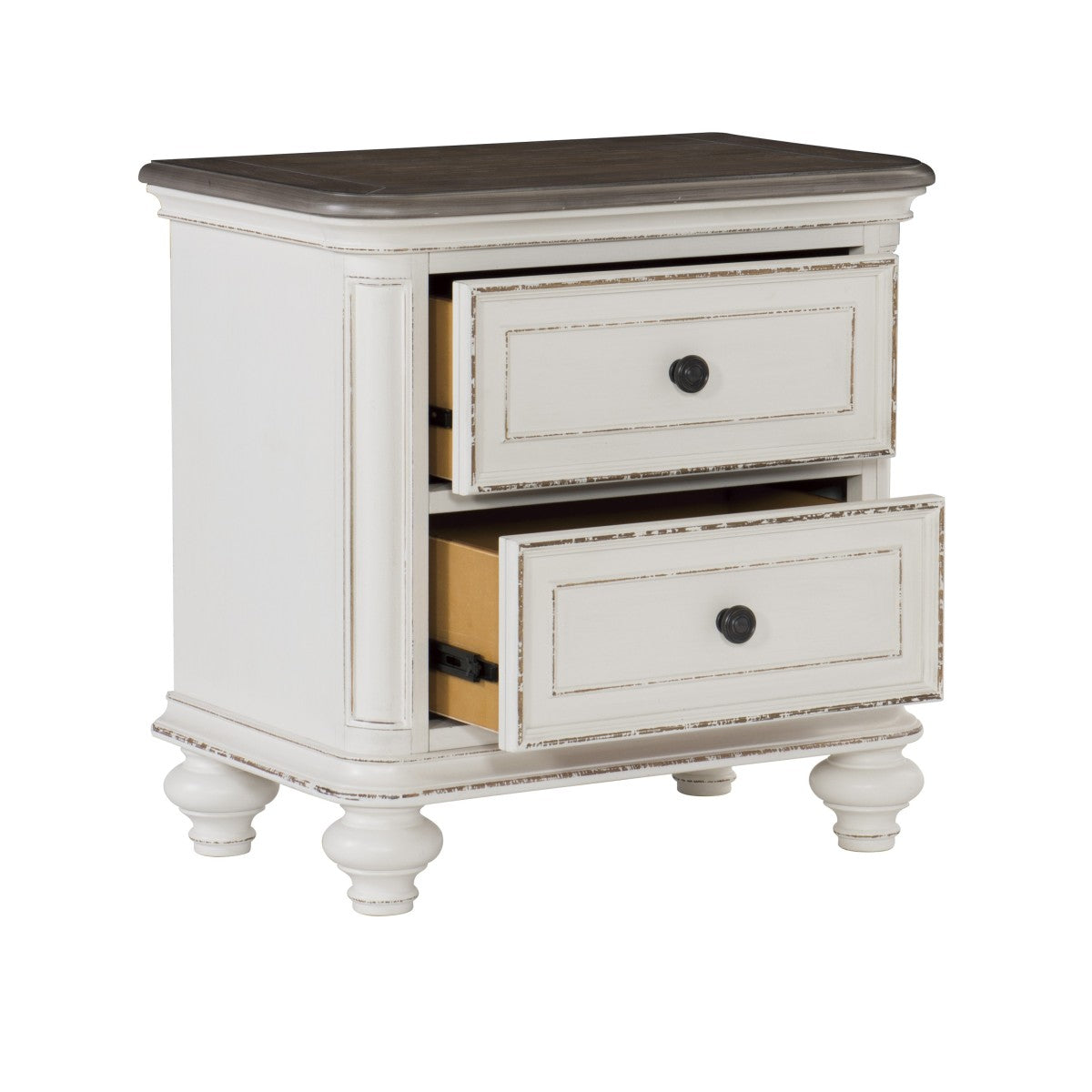 Antique White & Brown Gray Nightstand with USB Port & 2 Drawers - Solid Oak Veneer Bedside Table for Bedroom, Living Room, or Office