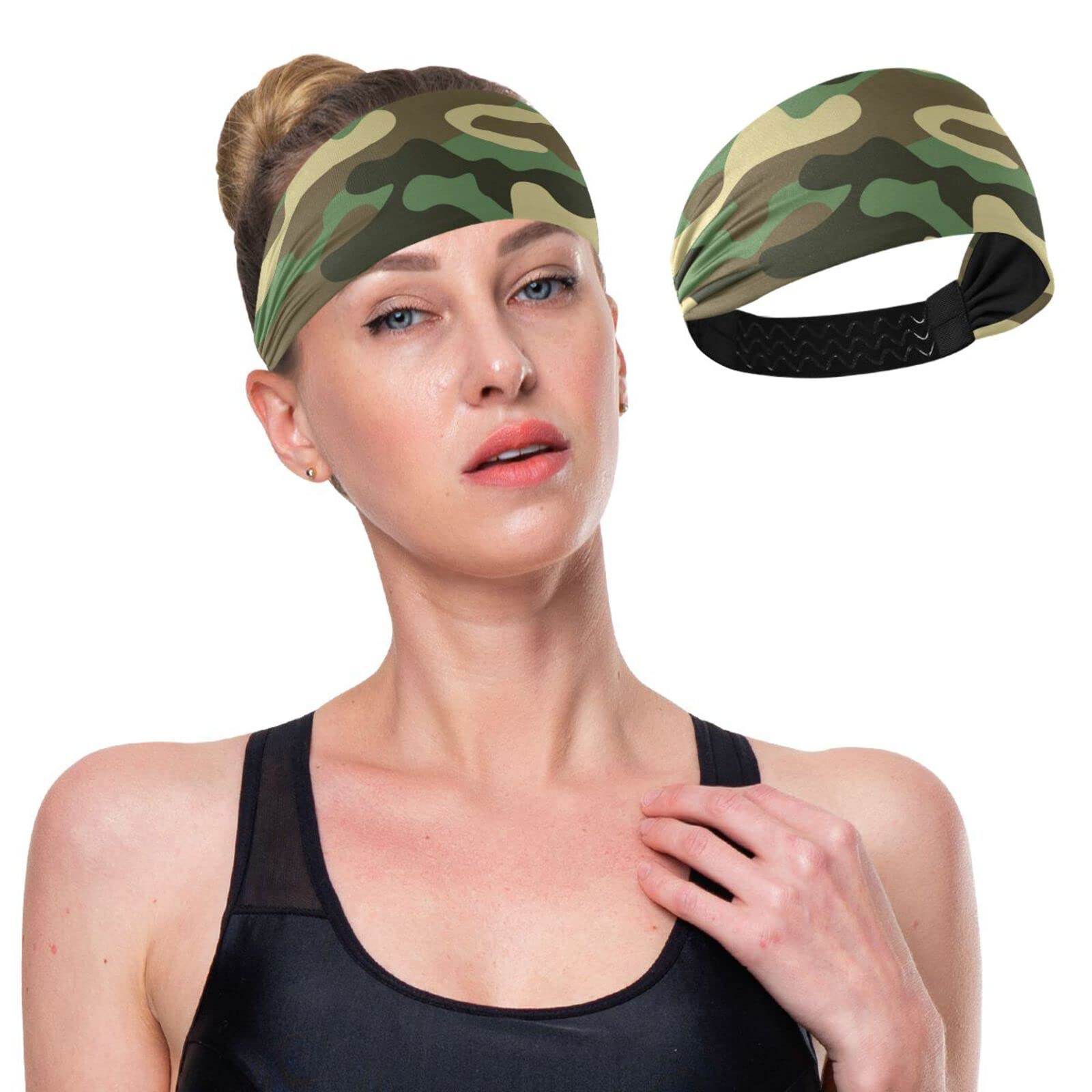 Non-Slip Camo Print Sweatbands for Women & Men - Breathable Workout Headbands for Yoga, Gym, Running & Outdoor Sports - Elastic Hair Bands for Active Lifestyles