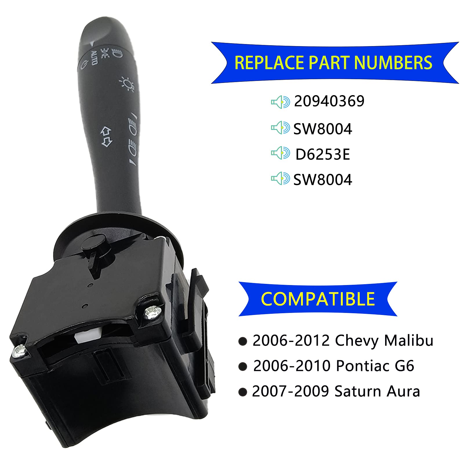 Turn Signal Switch & Headlamp Dimmer Blinker Lever Compatible with 2006-2012 Chevy Malibu, 2006-2010 Pontiac G6, 2007-2009 Saturn Aura - Replaces 20940369, SW8004, D6253E - Perfect for DIY Car Repairs & Vehicle Maintenance