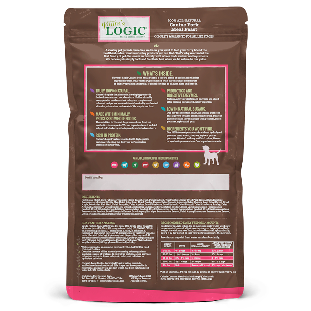 Nature's Logic Original Grains Canine Dry Food - Pork Meal Feast Recipe for Dogs | High Protein Grain-Inclusive Kibble for Adult Dogs | Perfect for Daily Meals & Training Treats