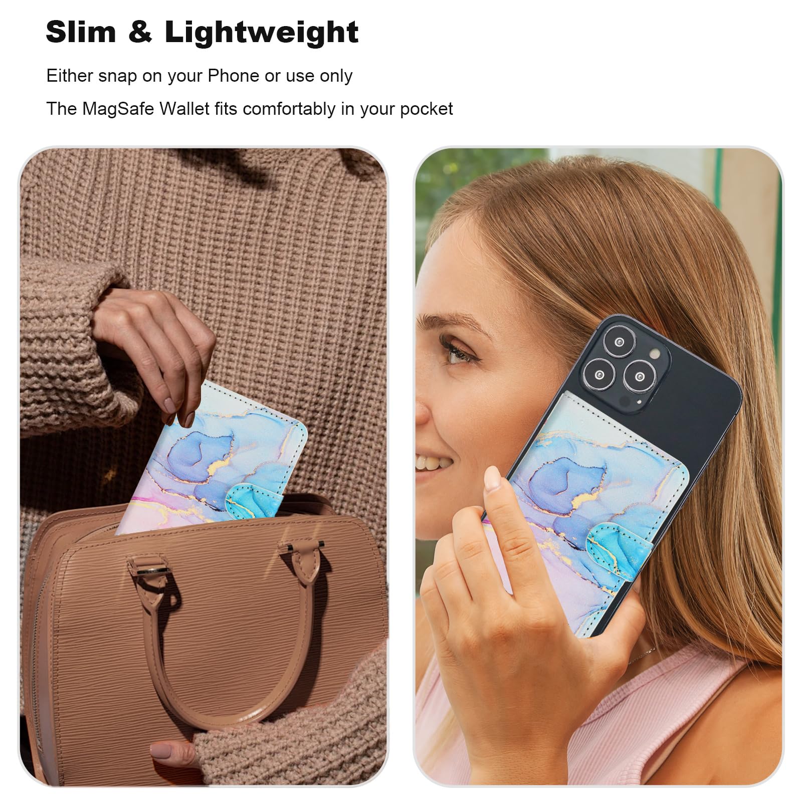 HAOPINSH Magnetic Wallet Card Holder for iPhone 16/15/14/13/12 Series - Detachable Adjustable Flip Leather Kickstand with RFID Blocking | Pink Blue Marble Pattern | Perfect for Travel, Shopping & Everyday Use with MagSafe Compatibility