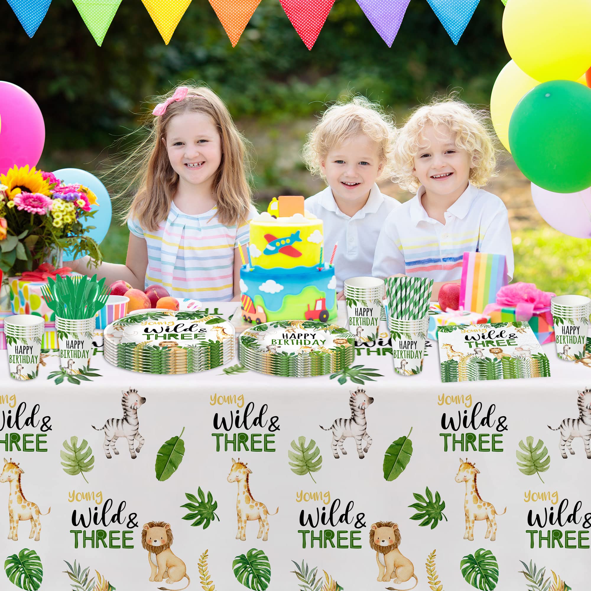 Jungle Animal 3rd Birthday Party Supplies - Wild & Three Decorations Set for Safari Theme (24-Pack) | Includes Tableware, Paper Plates, Napkins, Tablecloth & Forks | Perfect for Kids Birthday Parties, Baby Showers & Zoo-Themed Events