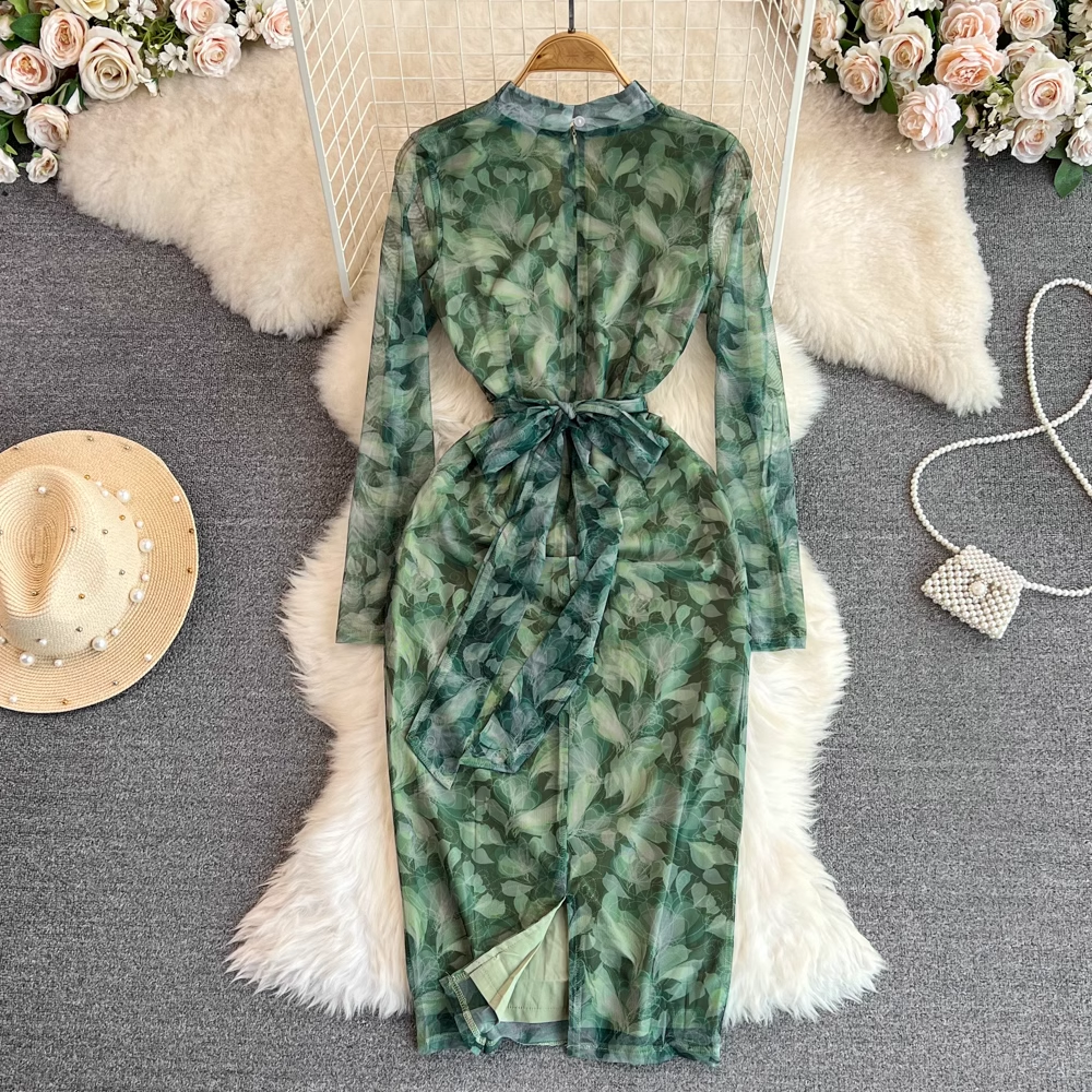 Korean Style Green Printed V-Neck Long Sleeve Sheath Dress for Women | Spring & Autumn Floral Midi Skirt | Perfect for Office Wear, Date Night & Special Occasions