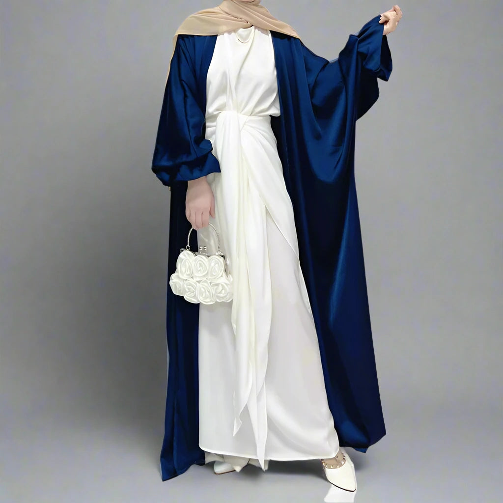 Elegant Puff Sleeve Satin Cardigan Open Abaya Dress for Muslim Women - Perfect for Prayer, Special Occasions & Modest Fashion