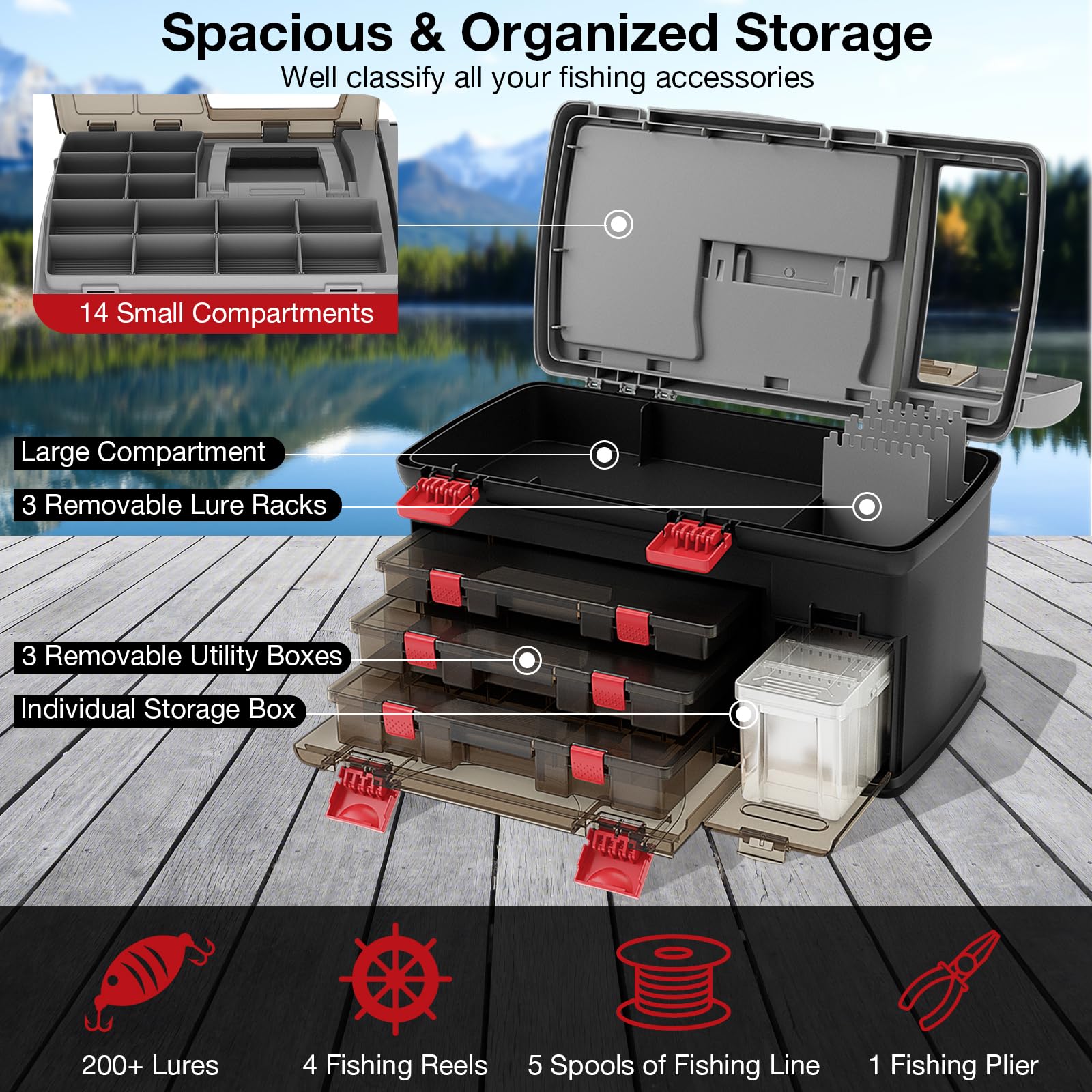 Goplus Large Fishing Tackle Box - Portable Waterproof Storage Organizer with 3 Adjustable Compartments, Side Storage & Double-Layer Top Compartment - Perfect for Fishing Gear, Camping Tools & Outdoor Equipment Organization