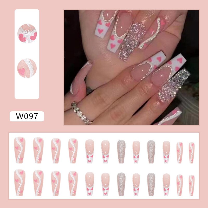3D Strobe Fake Nails with Glitter Diamond Designs - Long French Coffin Tips Press on False Nails Set - Pink Heart Flash for Parties, Weddings & Special Occasions