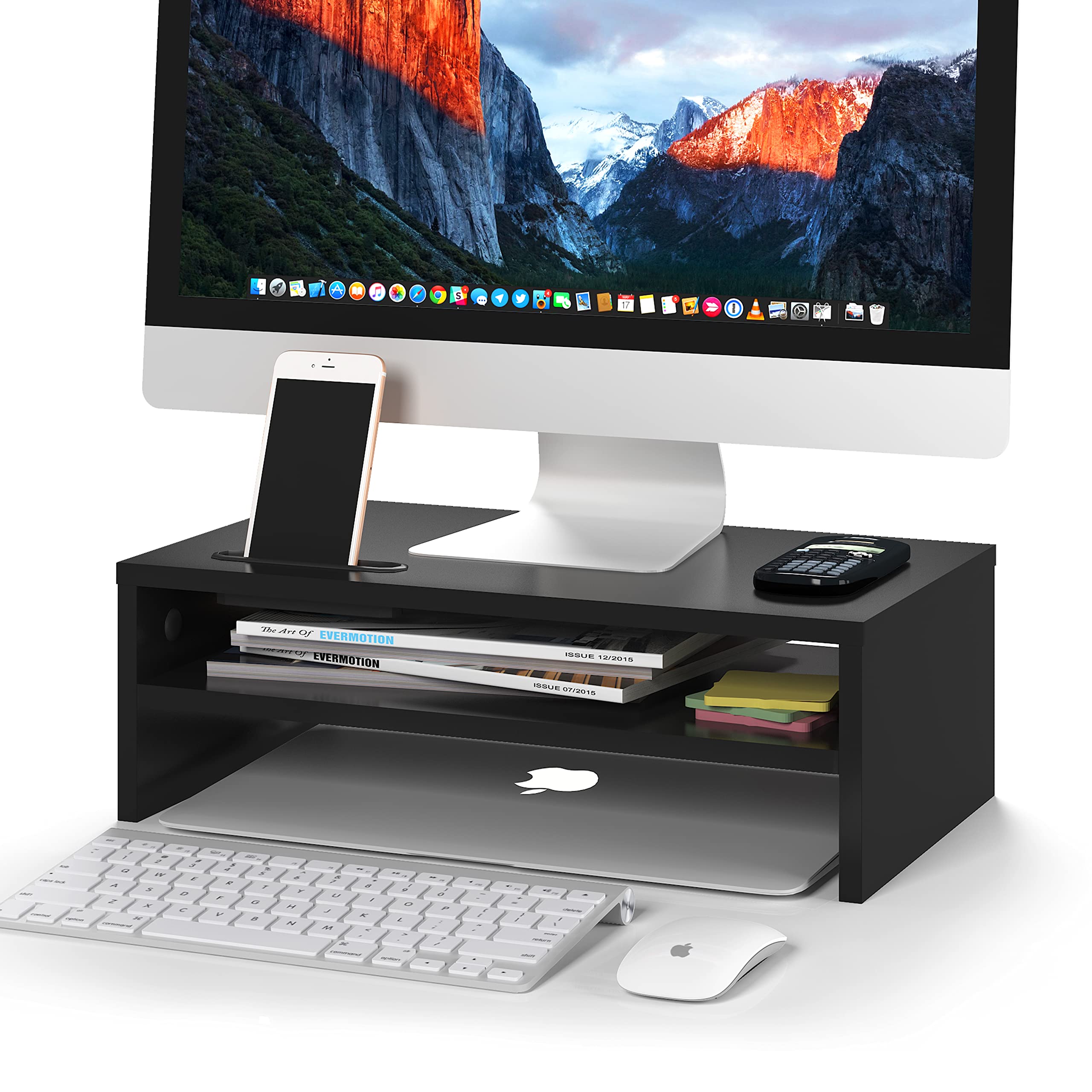 BONTEC 2-Tier Wood Monitor Stand Riser with Storage Organizer - 16.5 Inch Ergonomic Desktop Shelf with Phone Holder & Cable Management - Perfect for Home Office, Gaming Setup, and Workspace Organization (Black)
