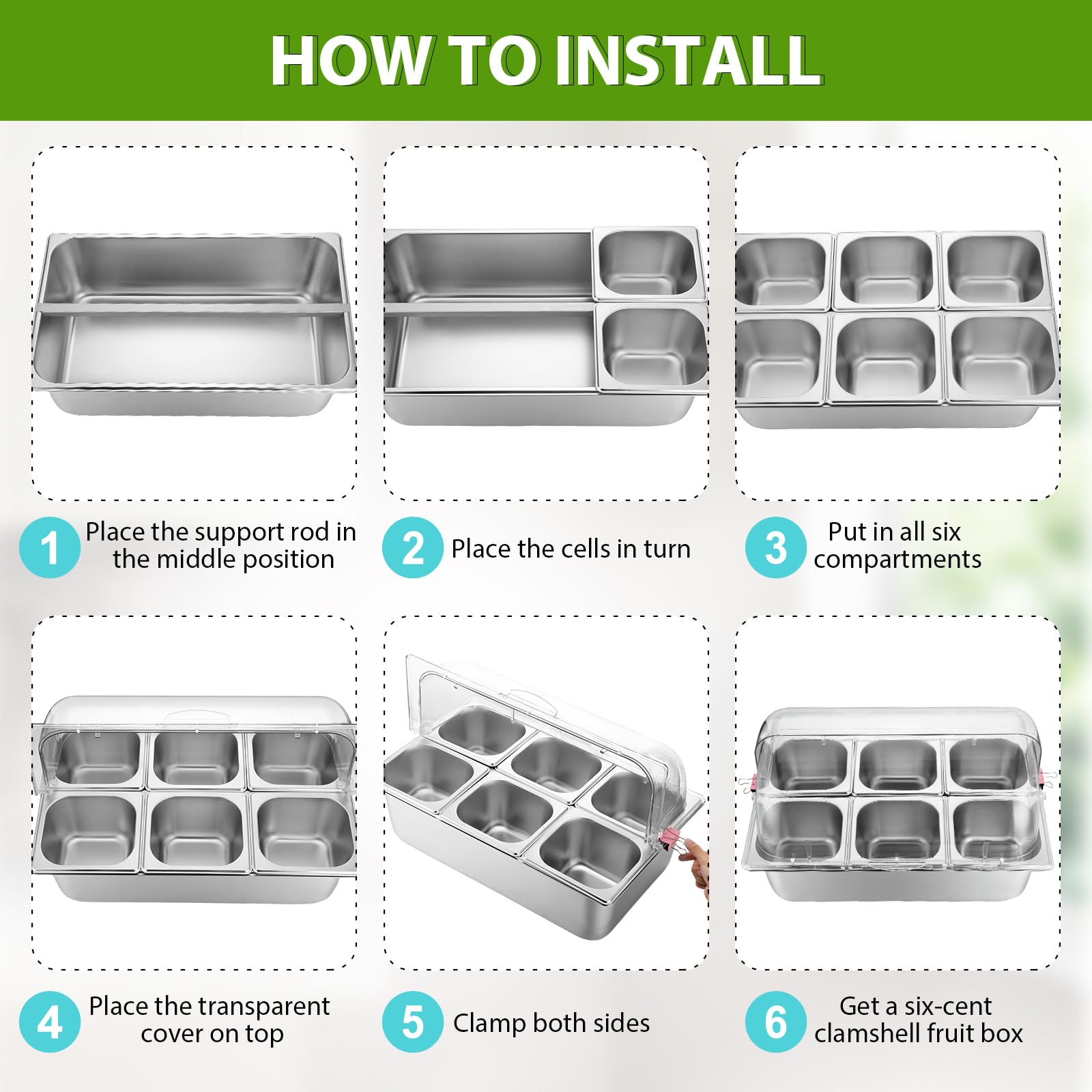 Stainless Steel Buffet Food Serving Tray with Clear Roll Top Cover - 6 Pan Countertop Display Container for Restaurants, Hotels & Parties | Perfect for Condiment Dispensing, Catering Events & Buffet Style Dining