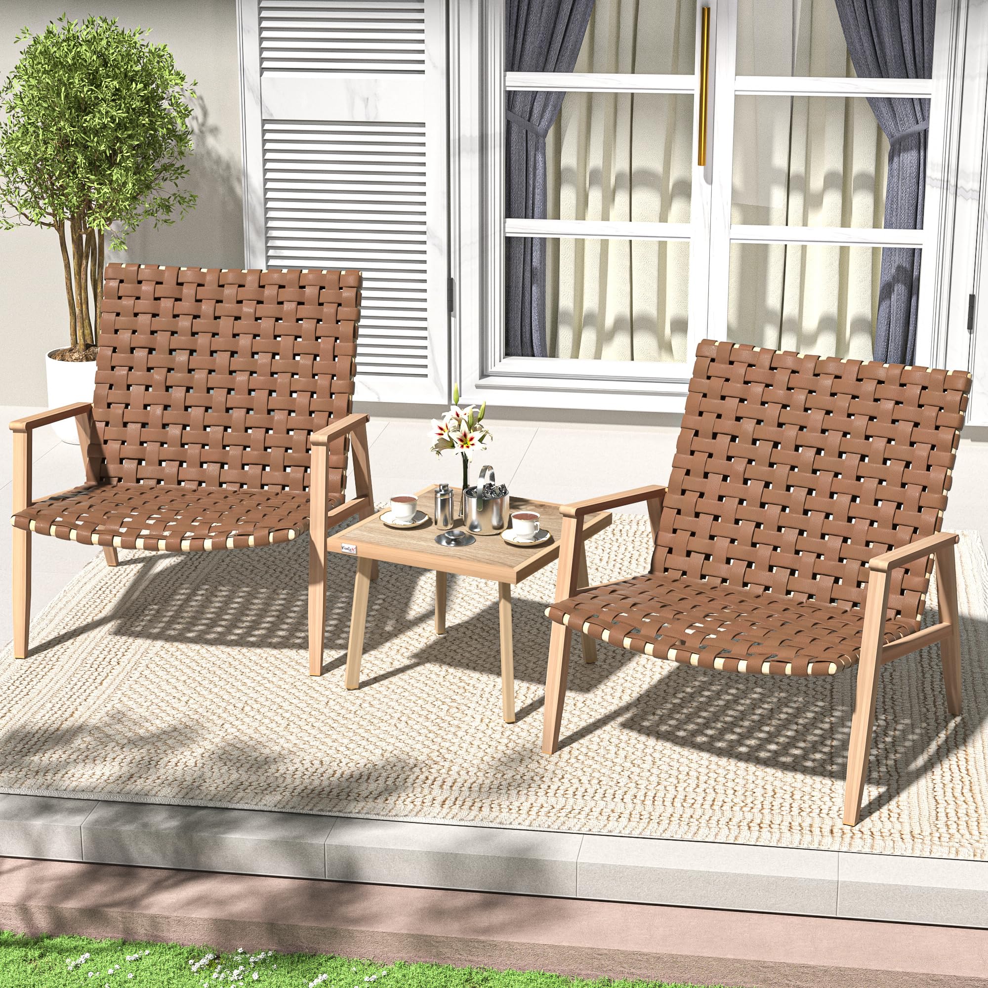 3 Piece Patio Bistro Set - Outdoor Wicker Conversation Chairs with Glass Top Coffee Table - Weather-Resistant Patio Furniture for Porch, Backyard, Balcony, Park, Deck & Poolside - Perfect for Relaxing, Entertaining & Outdoor Dining