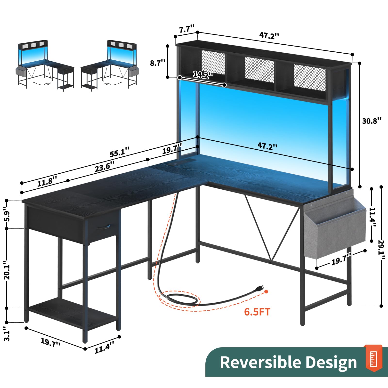 Yoobure L-Shaped Gaming Desk with LED Lights & Power Outlet - Reversible Computer Corner Desk with Storage Shelf, Drawer & Organizer Bag - Ergonomic Home Office Workstation for 2 People (Black) - Perfect for Small Spaces, Gaming Setups & Shared Workspaces