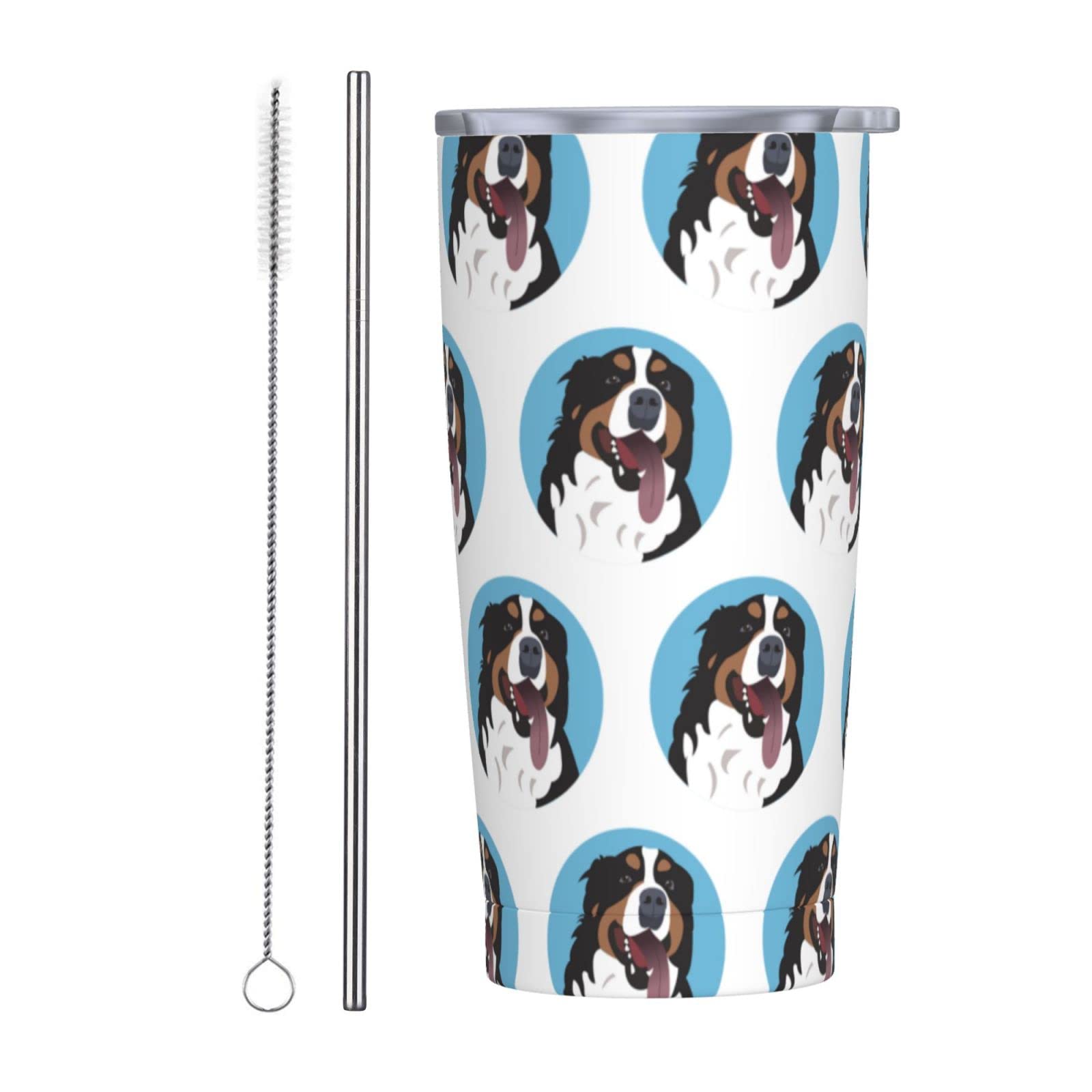 Cute Bernese Mountain Dog Travel Mug - 20oz Vacuum Insulated Stainless Steel Coffee Tumbler with Lid & Straw, Leak Proof Water Bottle for Hot/Cold Drinks - Perfect for Office, Commuting, Hiking and Outdoor Activities