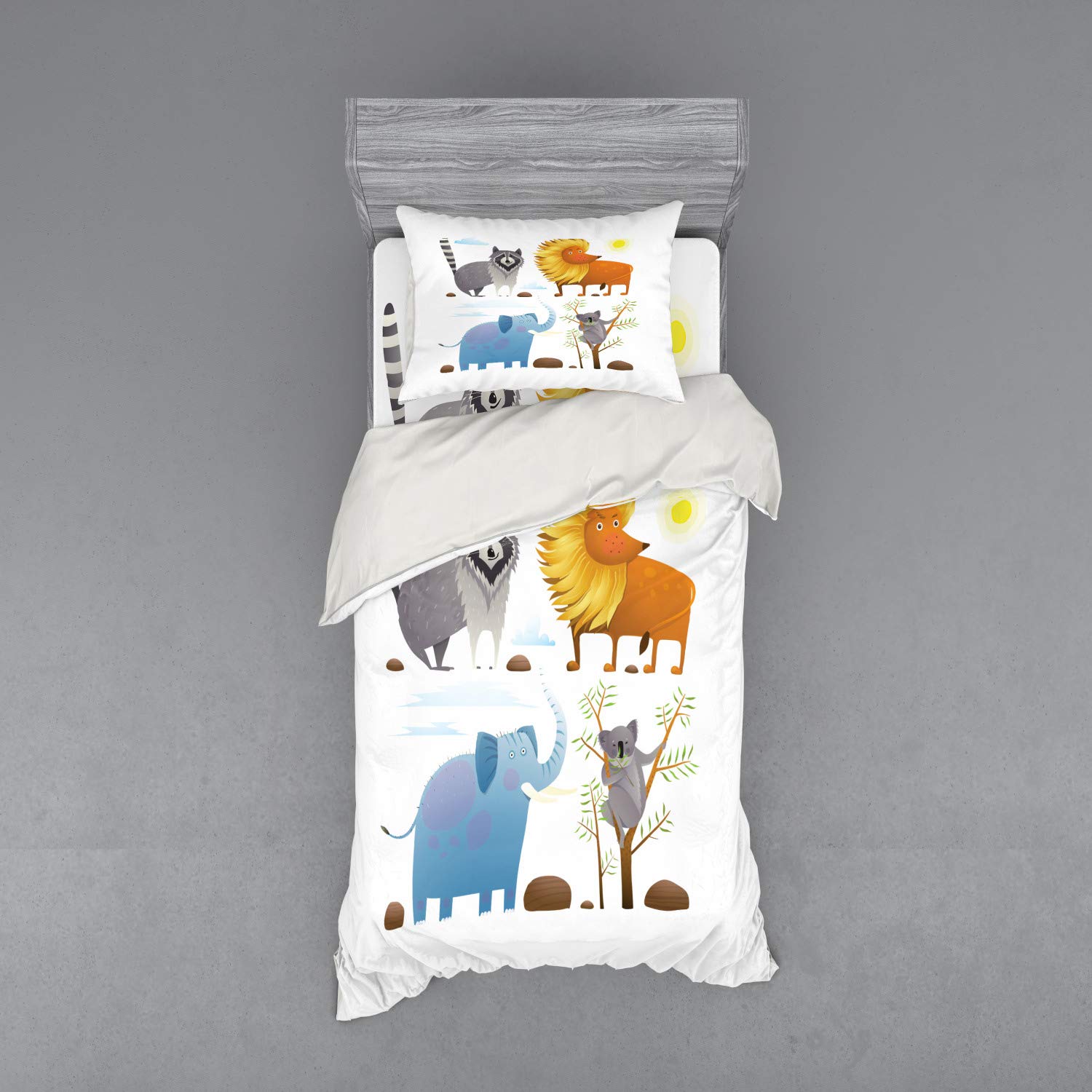Ambesonne Cartoon Duvet Cover Set - Exotic Animals Lion Raccoon Koala Watercolor Design | 3-Piece Bedding Set with Pillow Sham & Fitted Sheet | Twin Size Multicolor | Kids Room Decor, Nursery Bedding, Unique Gift Idea