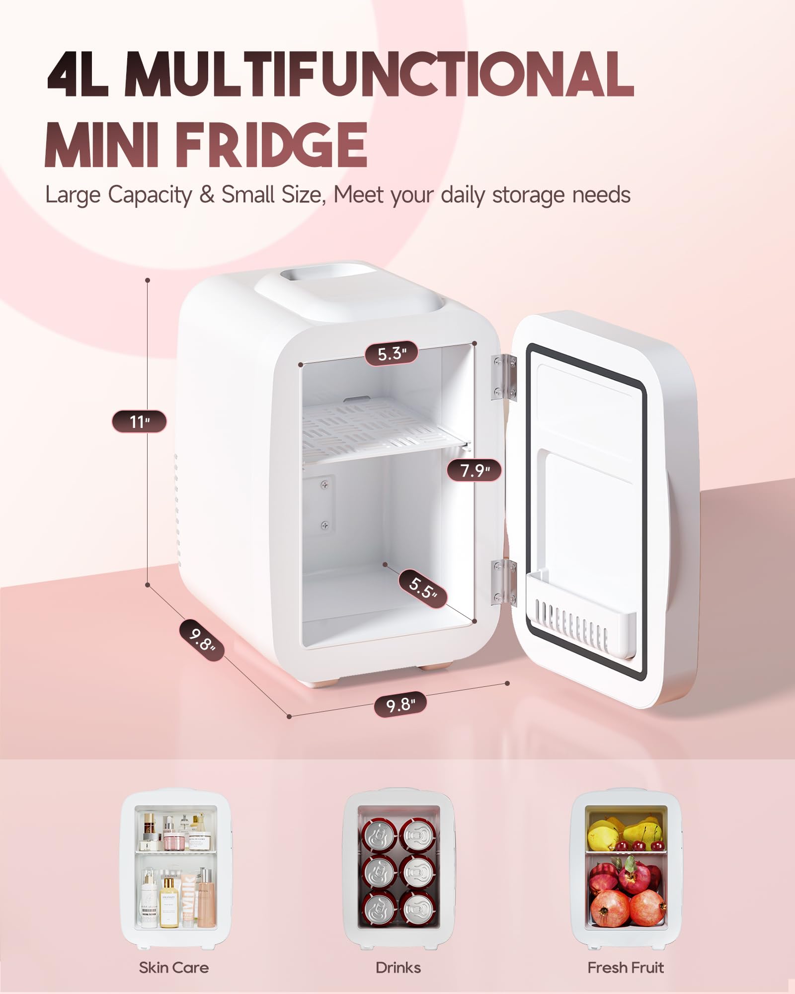 Mini Skincare Fridge with Dimmable LED Light Mirror - 4L/6 Can Portable Cooler & Warmer for Makeup, Cosmetics, Food - Perfect for Bedroom, Office, Car & Dorm - Keep Your Skincare Fresh & Organized