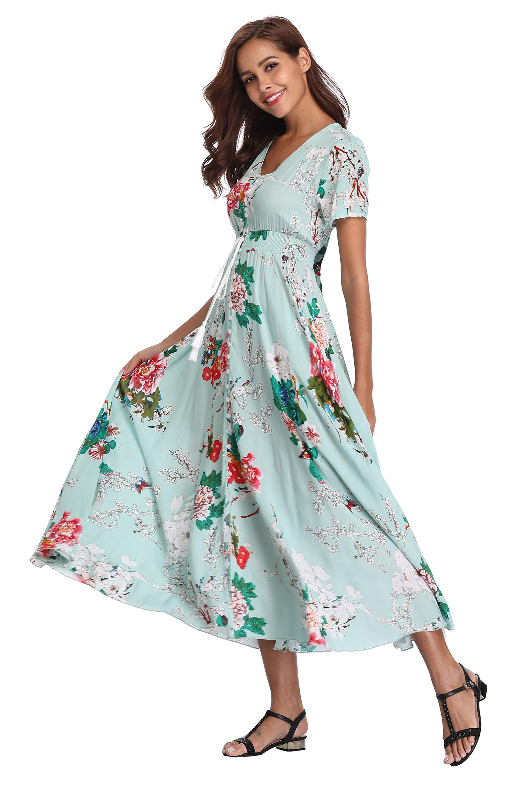 Ferrendo Women's Floral Maxi Dress - Button Up Boho Beach Dress with Side Slit & Flowery Print | Perfect for Summer Parties, Vacations & Beach Getaways