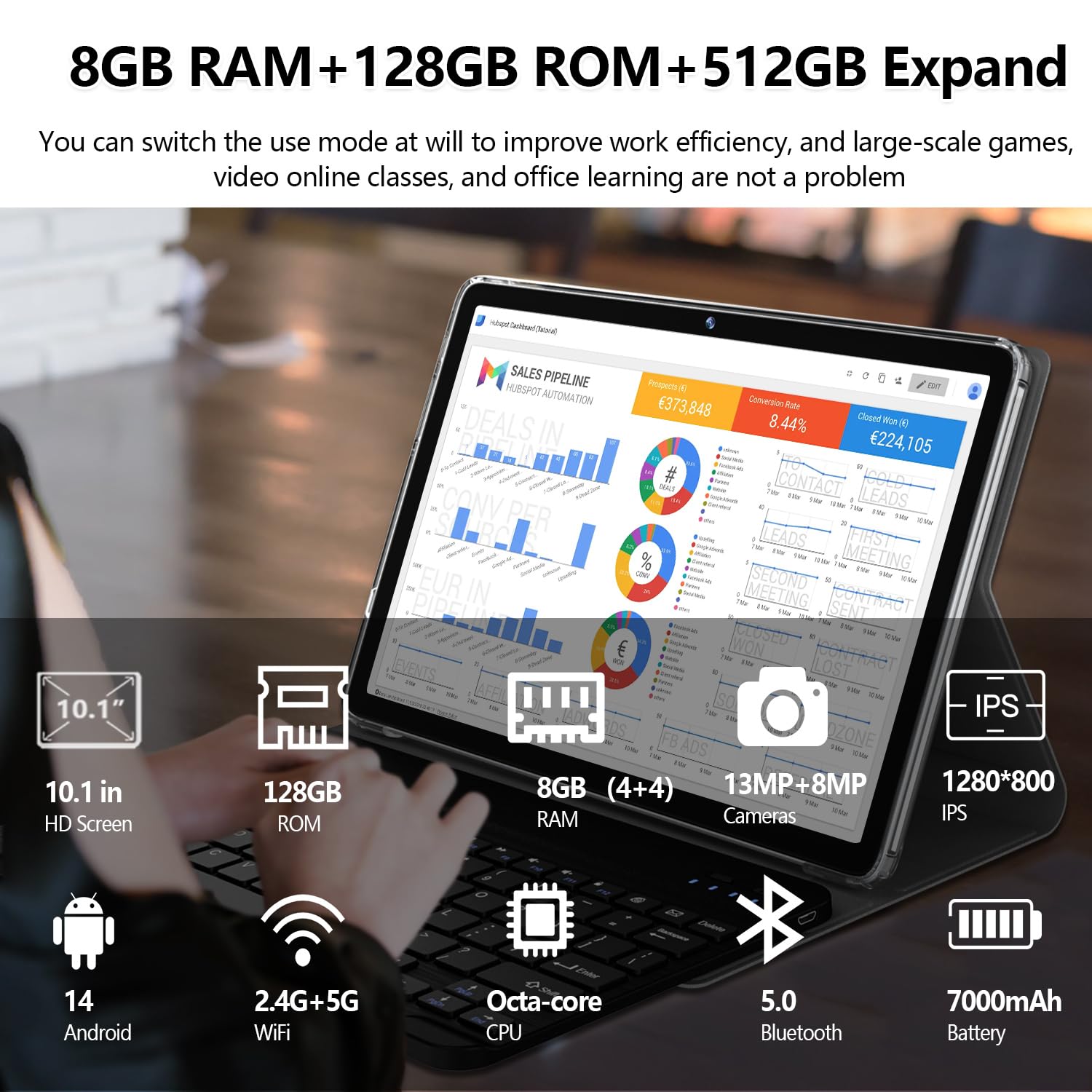 2025 Newest 10-inch 2-in-1 Android 14 Tablet with Keyboard - 128GB Storage + 1TB Expandable, Octa-Core Processor, 13MP Dual Camera, HD Touchscreen, 2.4G/5G WiFi, GMS Certified - Includes Case & Mouse (Gray) - Perfect for Work, Study, and Entertainment On-The-Go