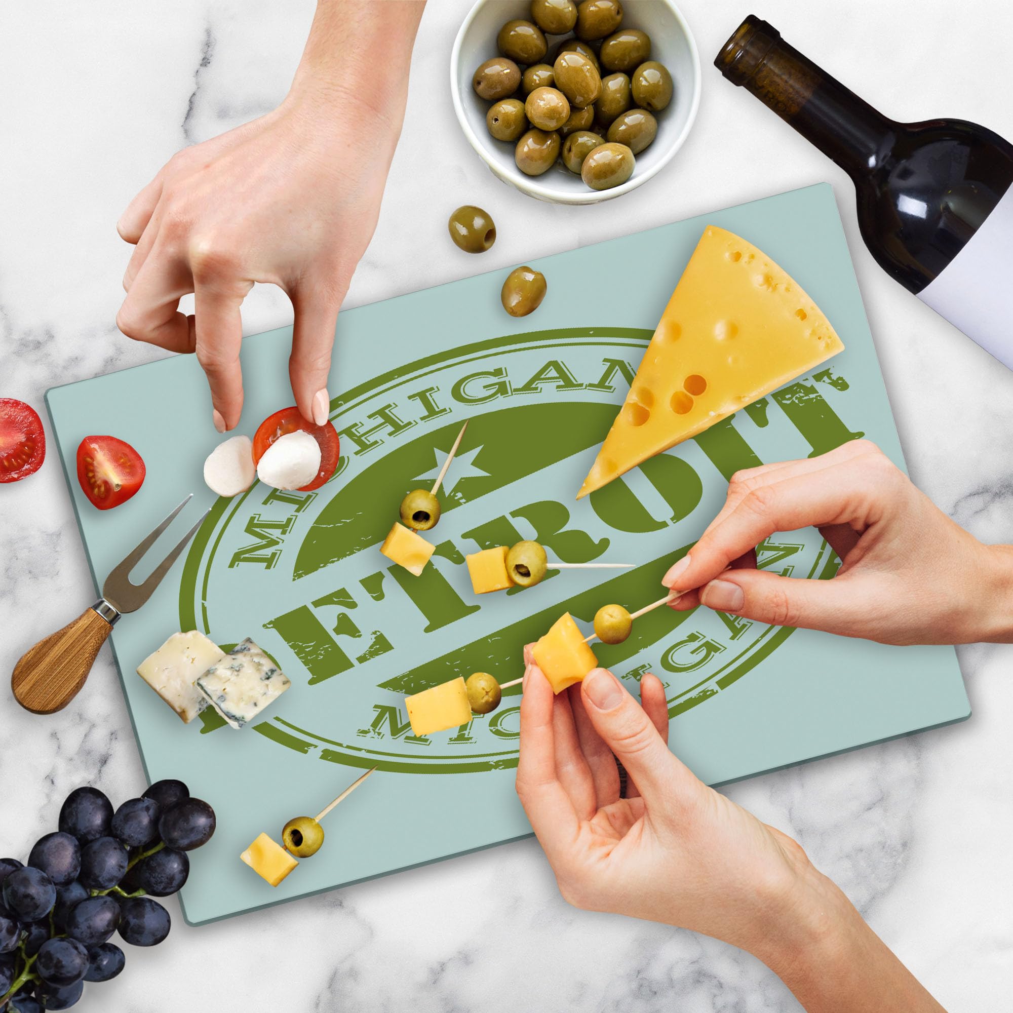 Ambesonne Detroit Themed Cutting Board - Retro Michigan Stamp with Stars Design - Tempered Glass Serving & Decorative Board - Large Size (Olive Green & White) - Perfect for Kitchen Use, Food Prep & Home Decor