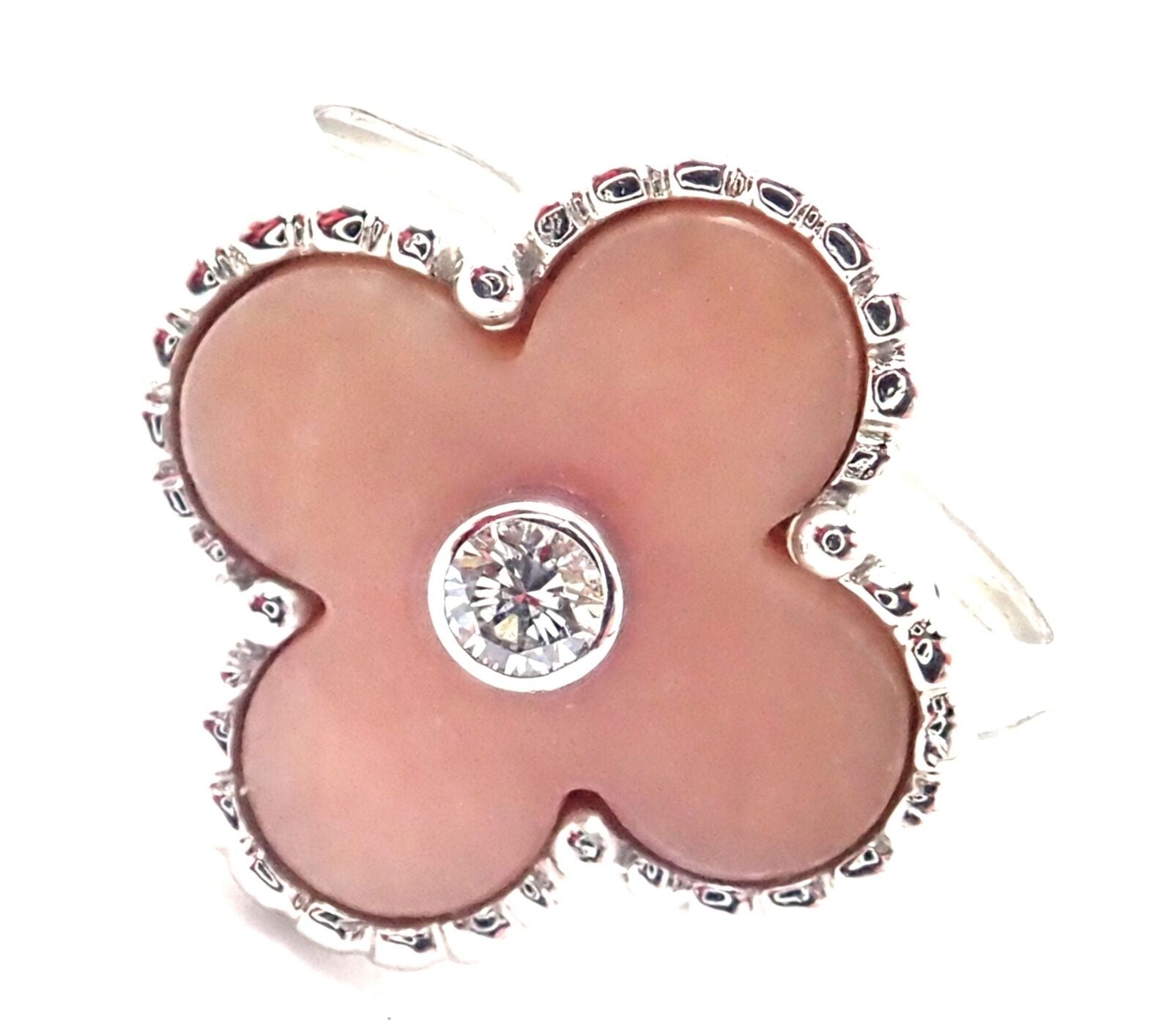 Authentic Van Cleef & Arpels Alhambra 18k White Gold Pink Opal Diamond Ring - Luxury Jewelry for Weddings, Anniversaries & Special Occasions